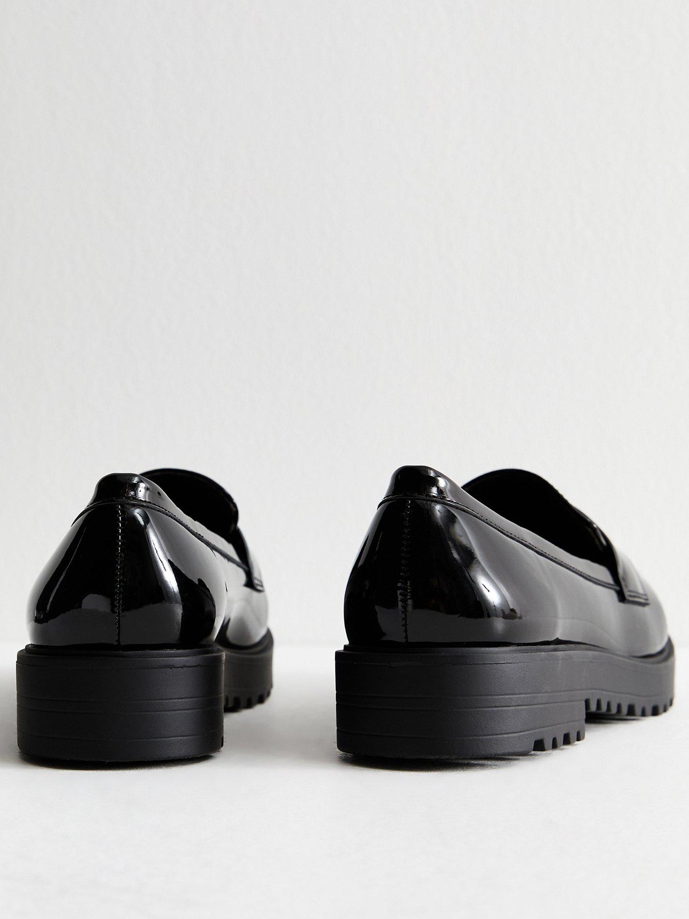 New Look Wide Fit Black Patent Faux Leather Chunky Penny Loafers ...