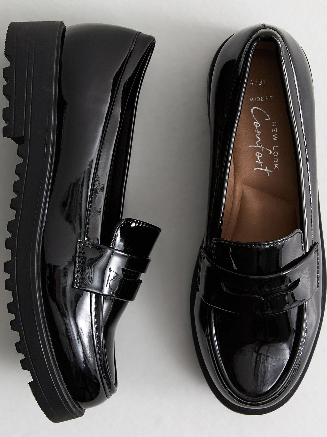 New Look Wide Fit Black Patent Faux Leather Chunky Penny Loafers ...