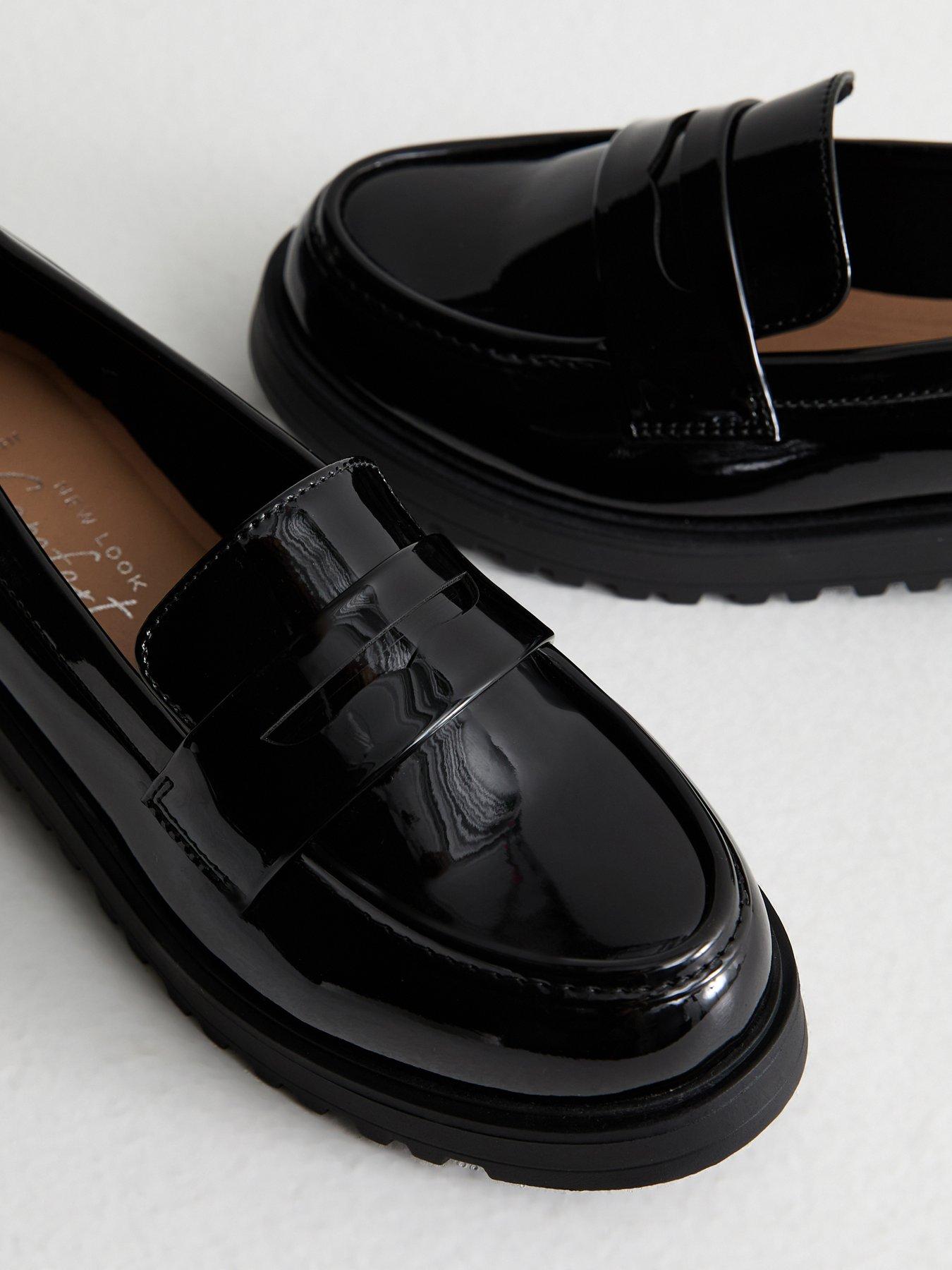 New Look Wide Fit Black Patent Faux Leather Chunky Penny Loafers ...