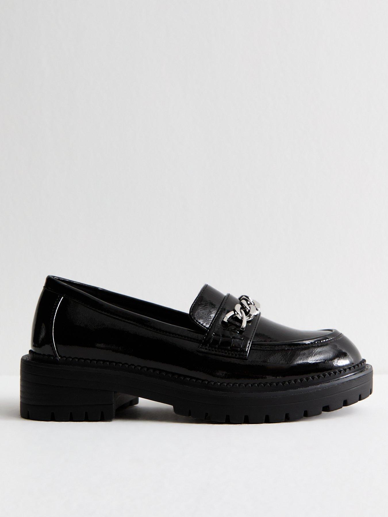 new-look-black-faux-patent-leather-chain-trim-chunky-sole-loafers