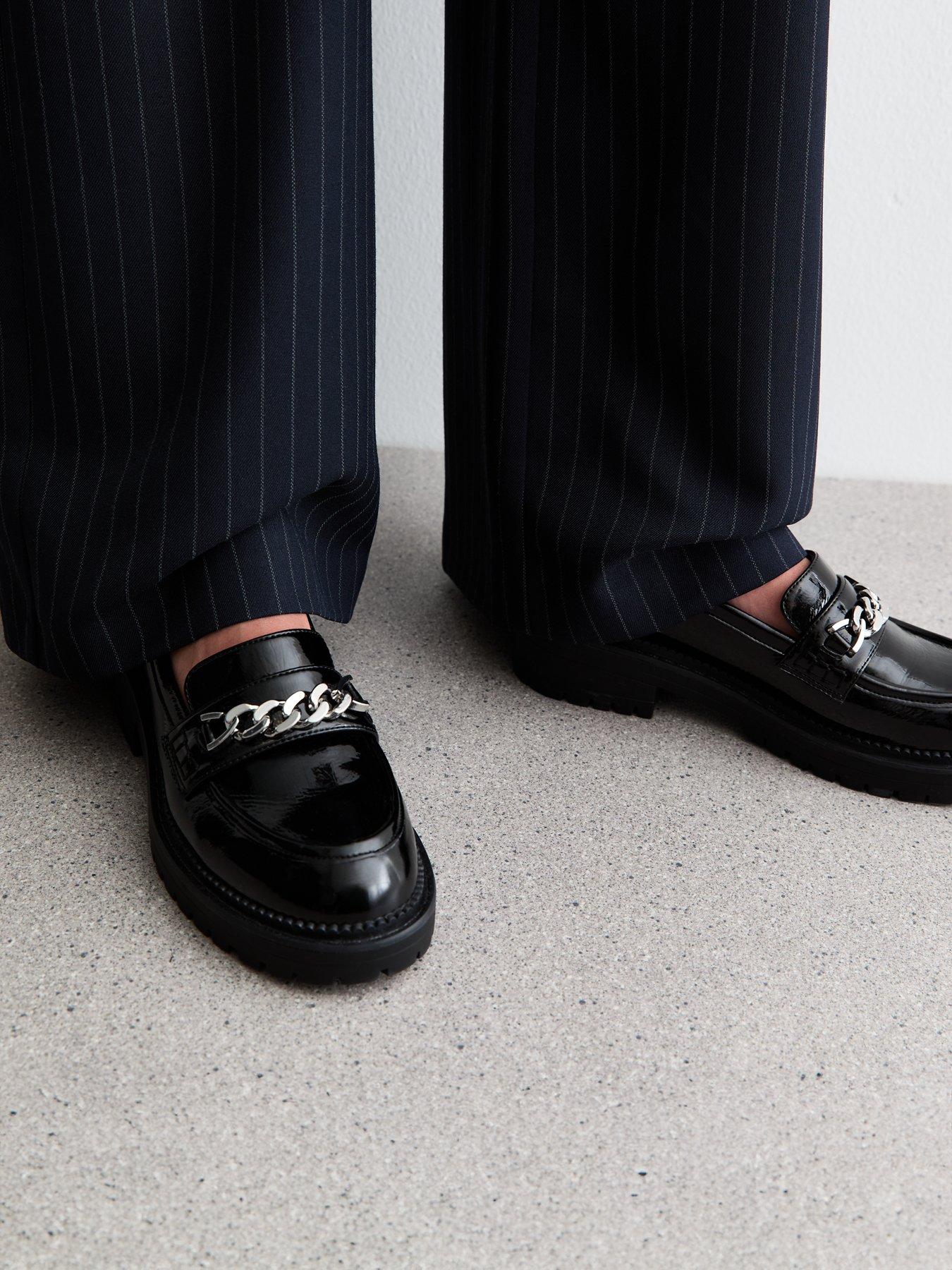 Image 5 of 6 of New Look Black Faux Patent Leather Chain Trim Chunky Sole Loafers