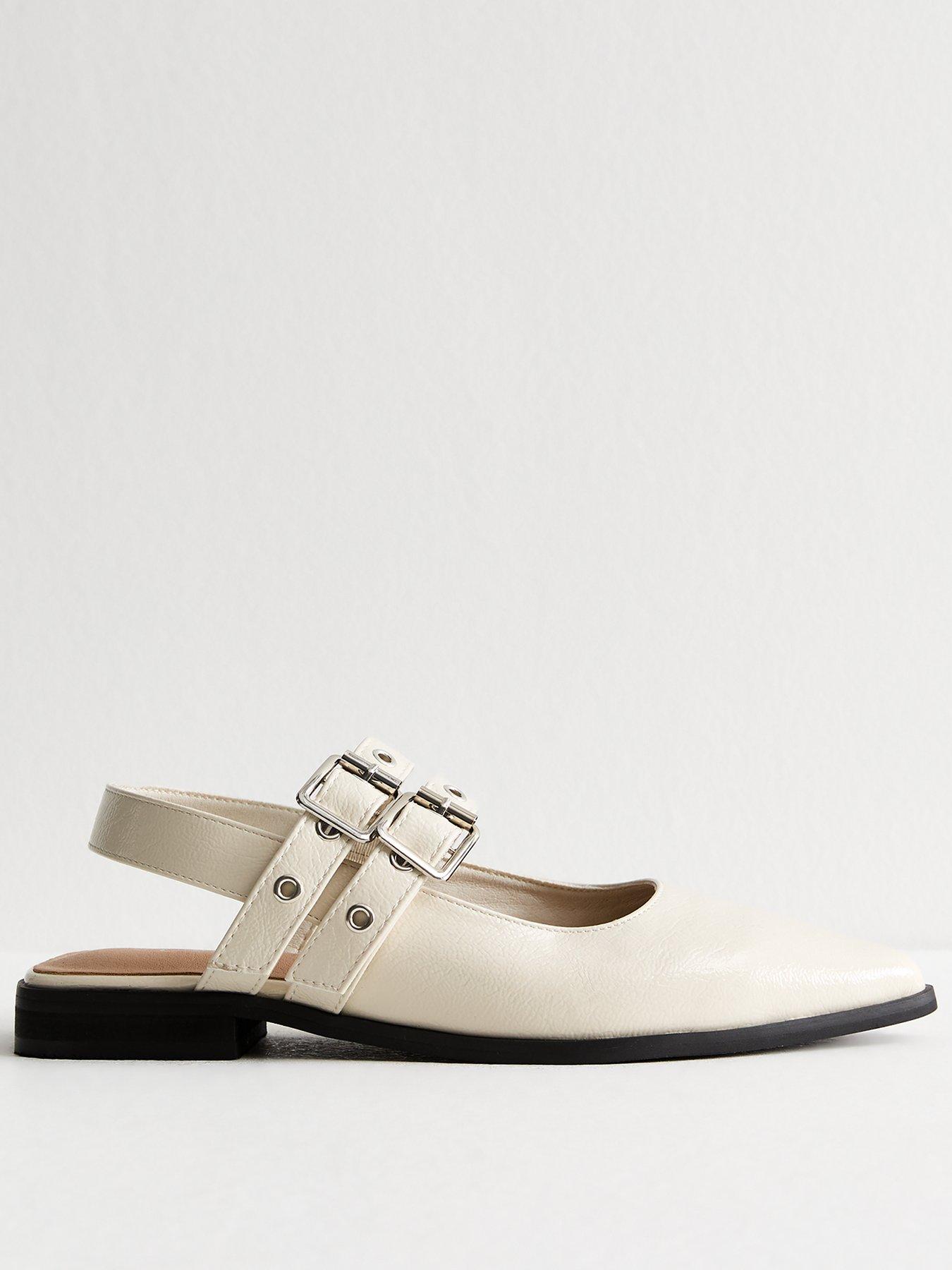 Image 1 of 6 of New Look Faux Leather Eyelet Strap Mary Jane Flats - Off White