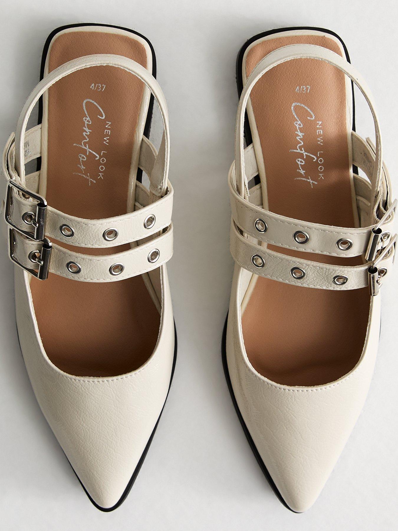 Image 4 of 6 of New Look Faux Leather Eyelet Strap Mary Jane Flats - Off White