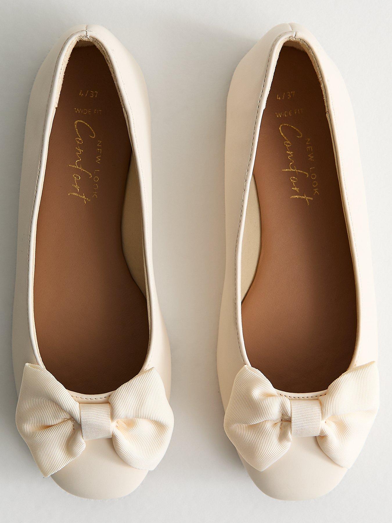 Image 3 of 6 of New Look Wide Fit Off White Faux Leather Bow Ballet Flats