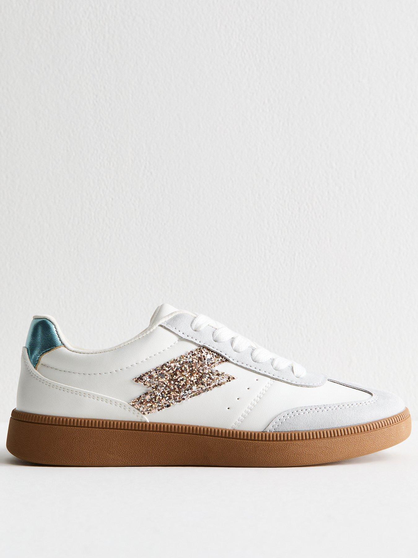 undefined White Faux Leather Glitter Trim Trainers
