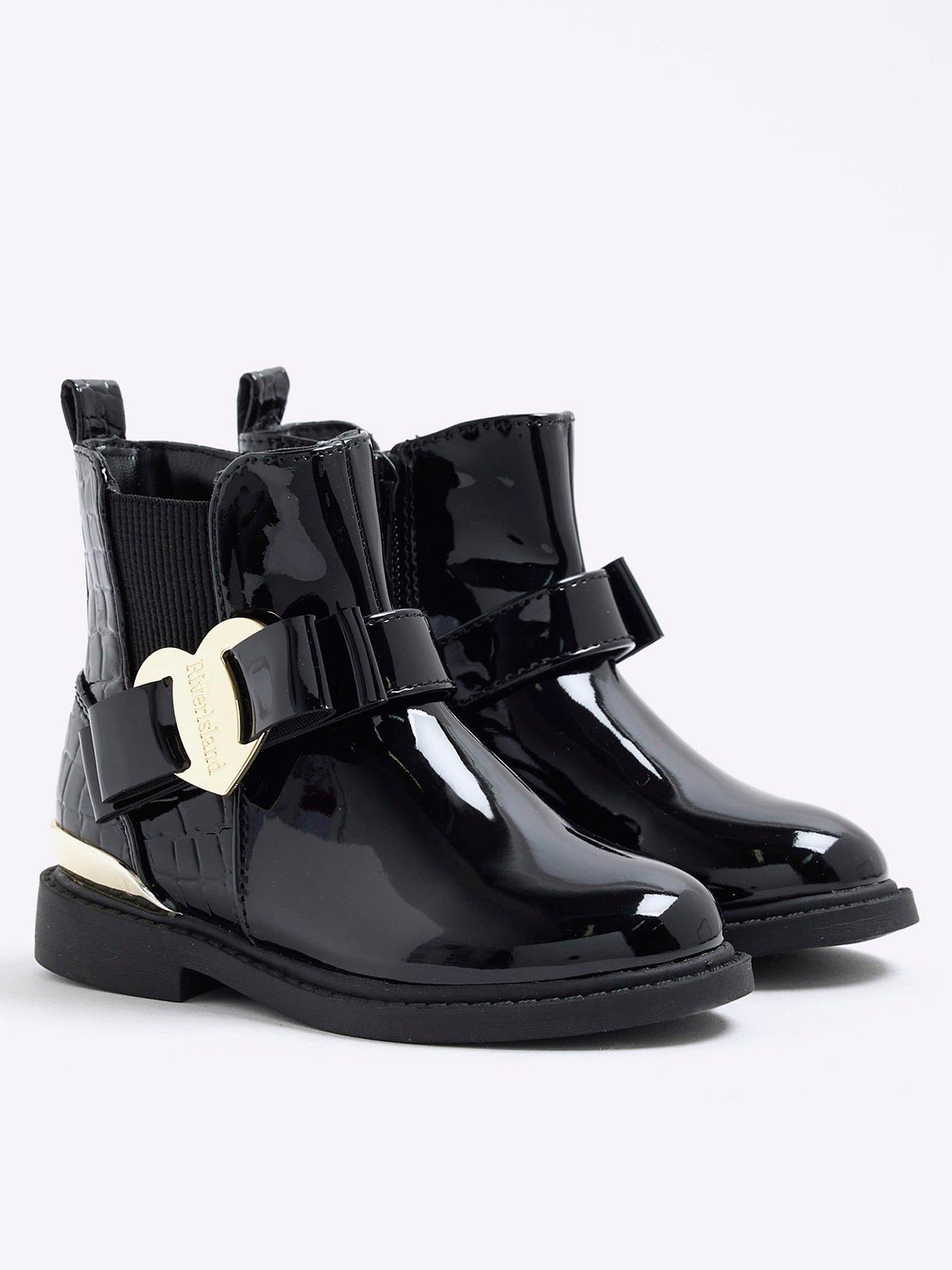 front image of river-island-mini-girls-heart-bow-chelsea-boots-black