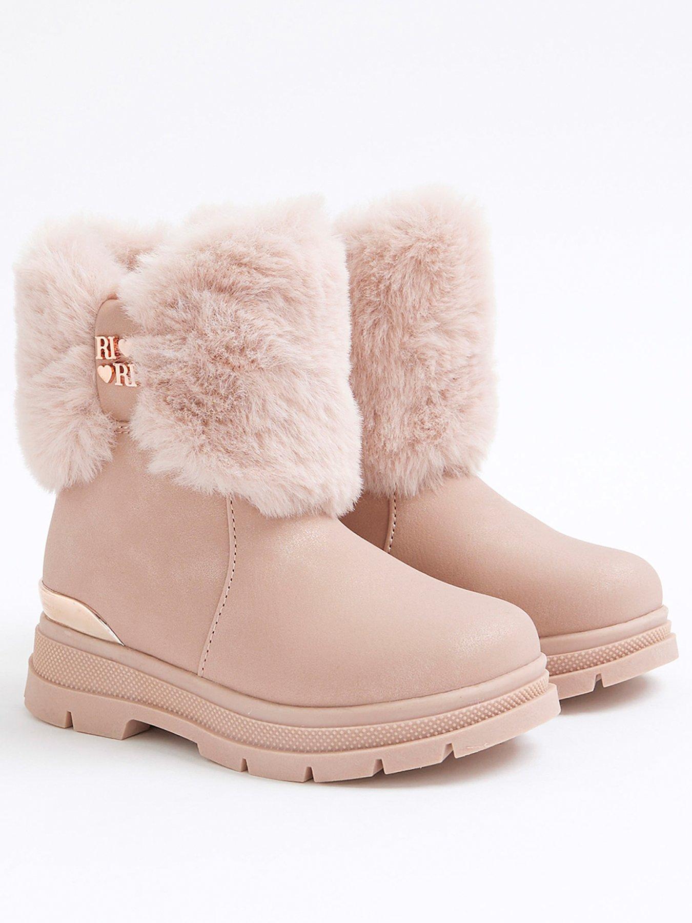 Image 2 of 5 of River Island Mini Girls Patent Bow Fur Boot - Pink