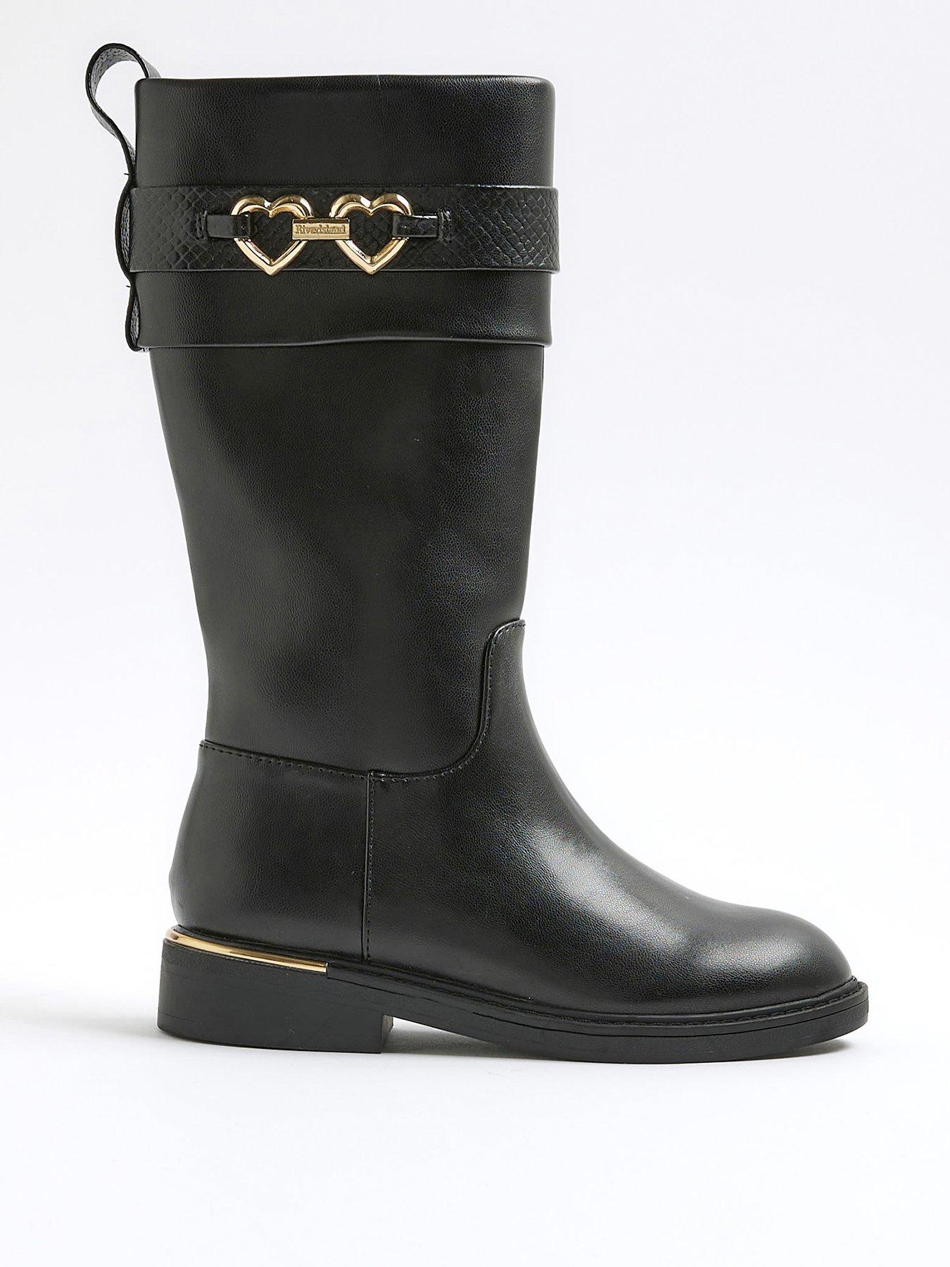 Image 1 of 5 of River Island Older Girls Heart Snaffle Knee High Boots - Black