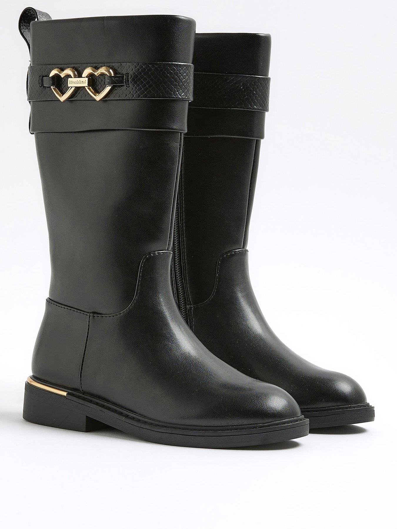 Image 2 of 5 of River Island Older Girls Heart Snaffle Knee High Boots - Black