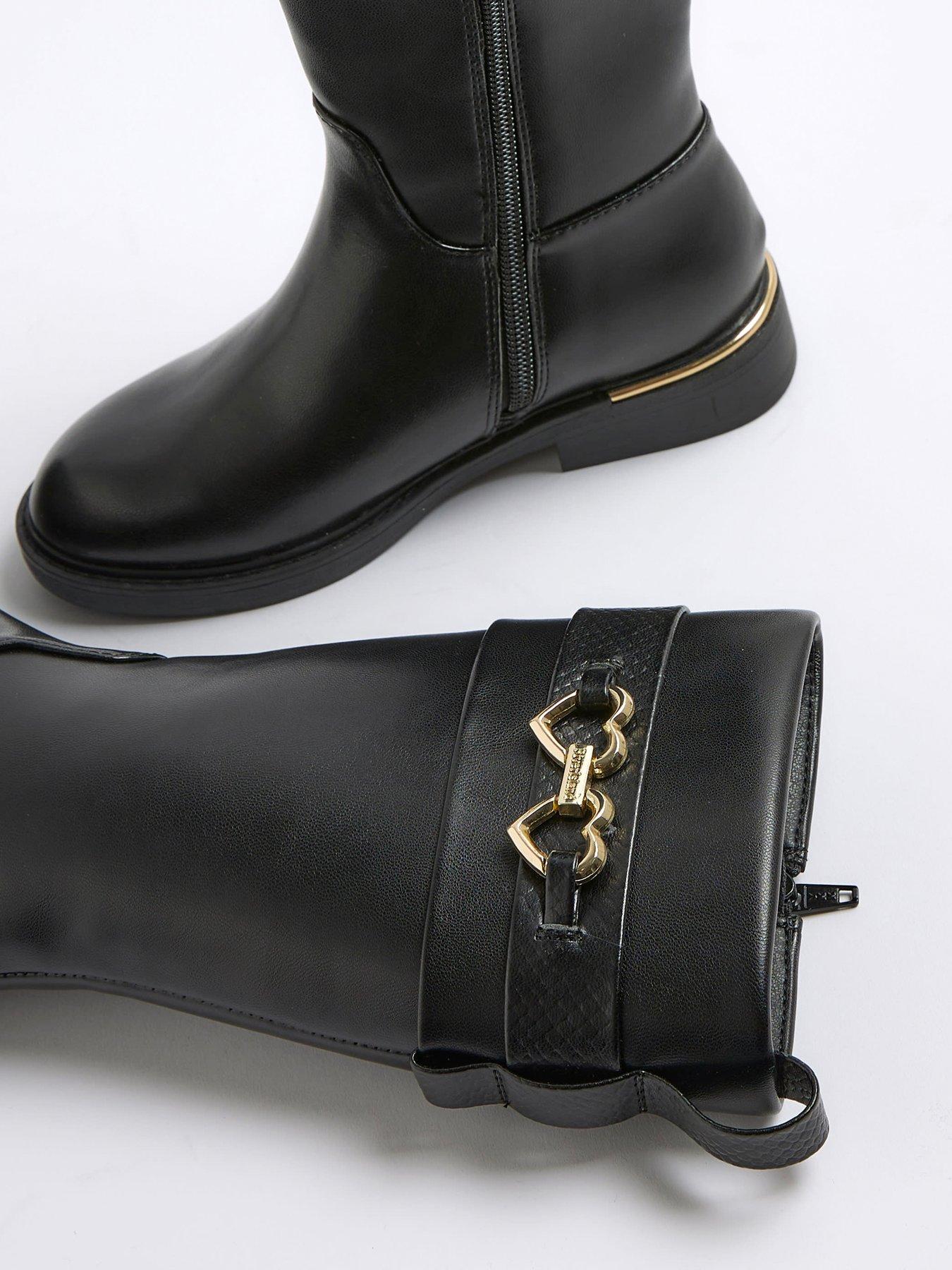 Image 4 of 5 of River Island Older Girls Heart Snaffle Knee High Boots - Black