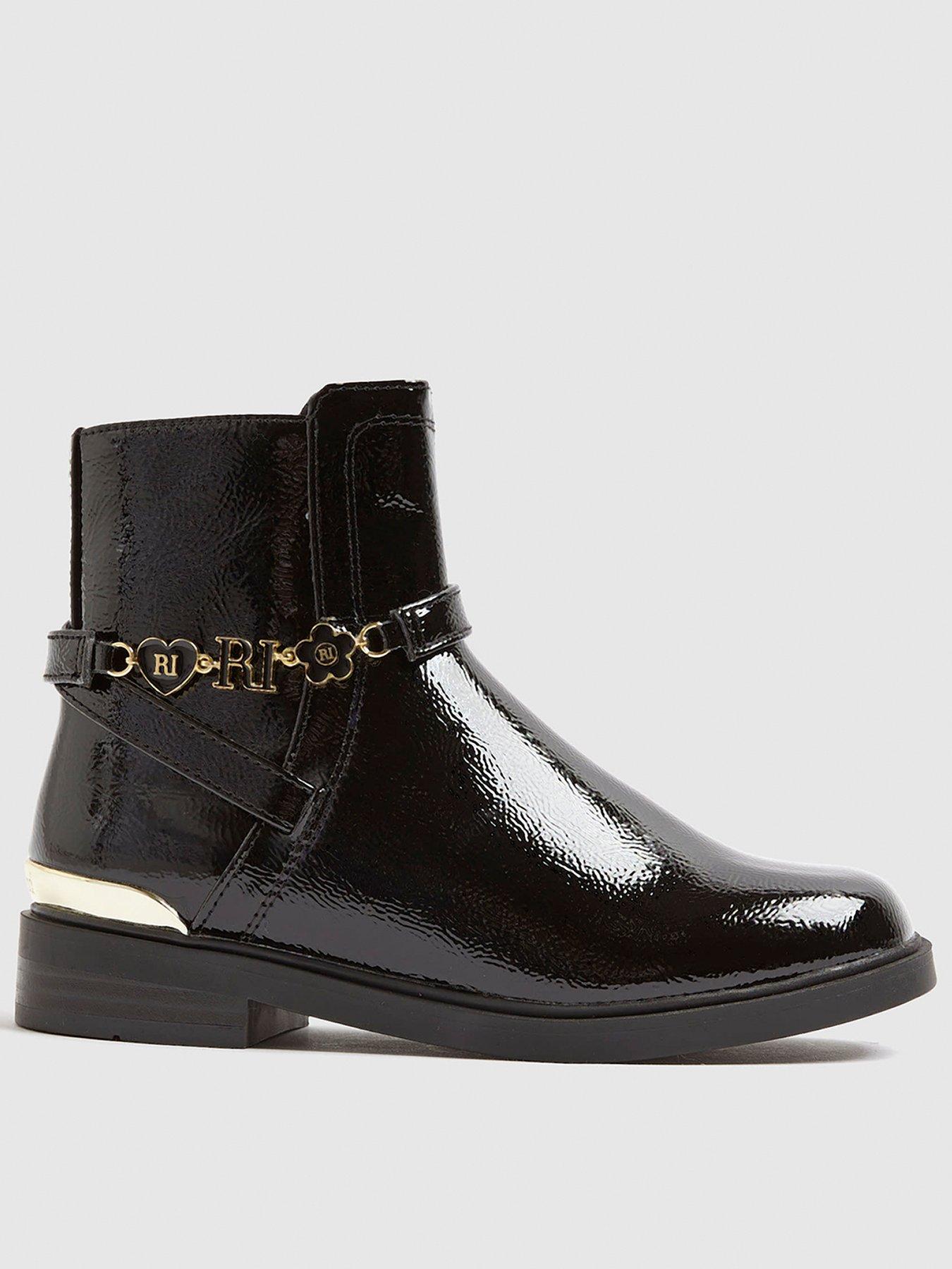 Image 1 of 5 of River Island Older Girls Flower Chain Riding Boot - Black