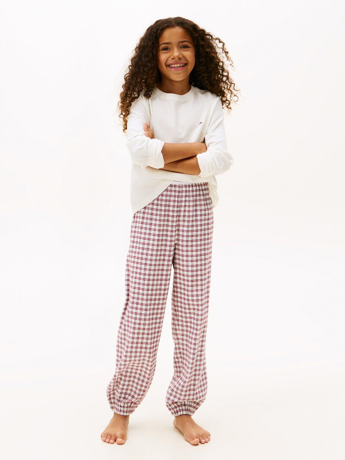 Image 1 of 6 of Tommy Hilfiger Girls Long Sleeve Cuffed Pyjama Set - Ivory Silk/Mini Plaid