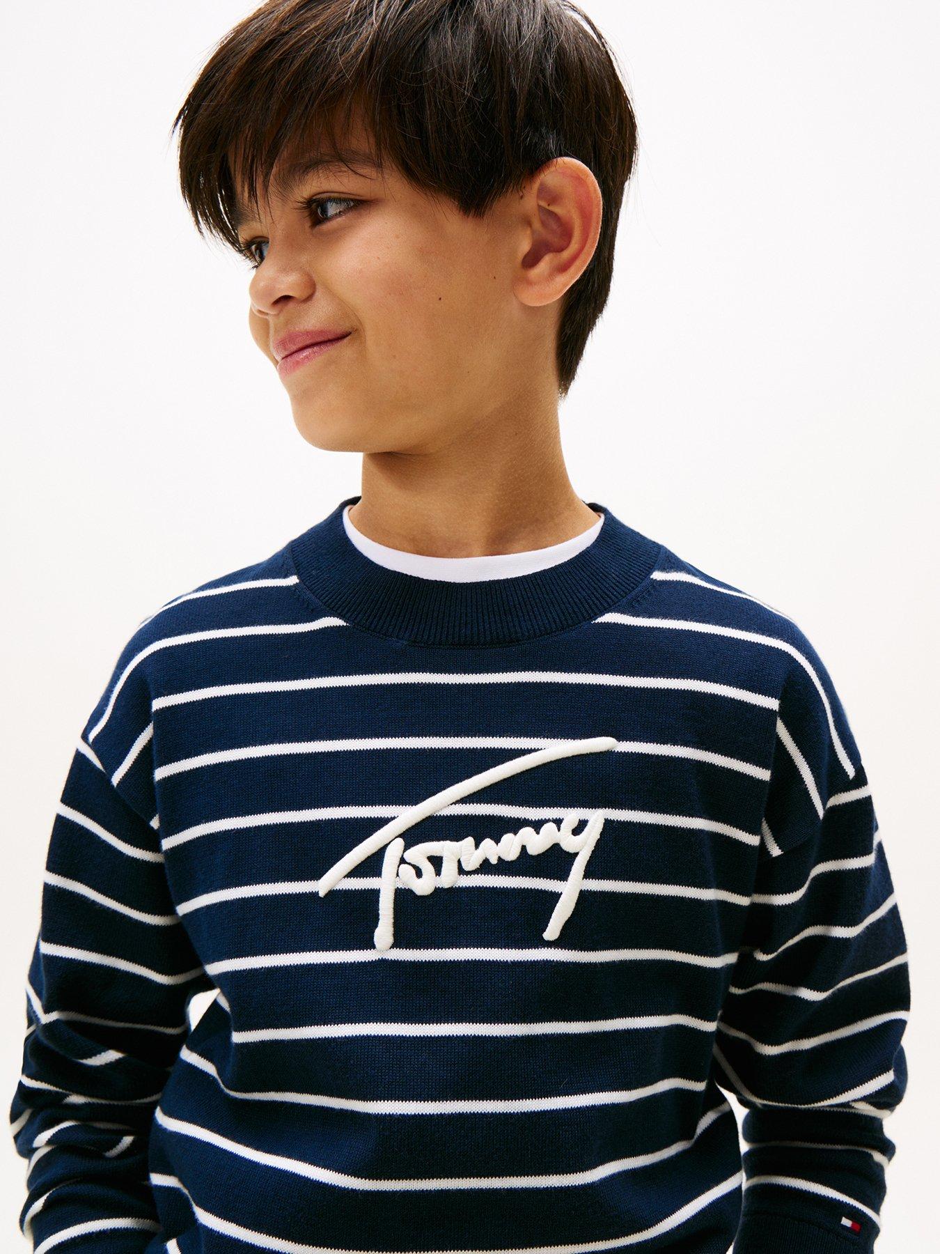 Image 4 of 5 of Tommy Hilfiger Boys Varsity Graphic Sweater - Dark Off White Stripe