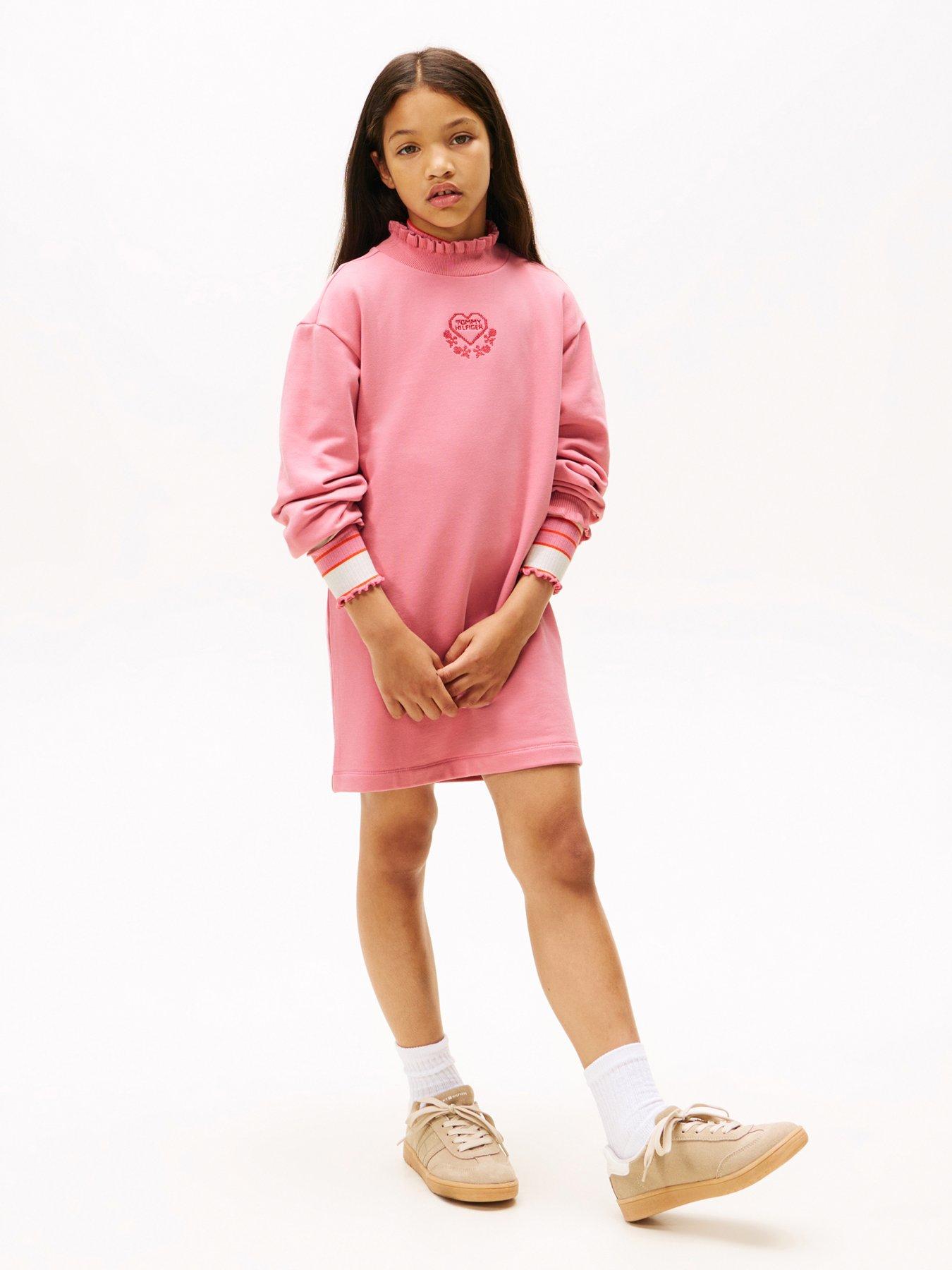 Image 1 of 5 of Tommy Hilfiger Girls Ruffle Neck Knit Long Sleeve Dress - Mystic Pink