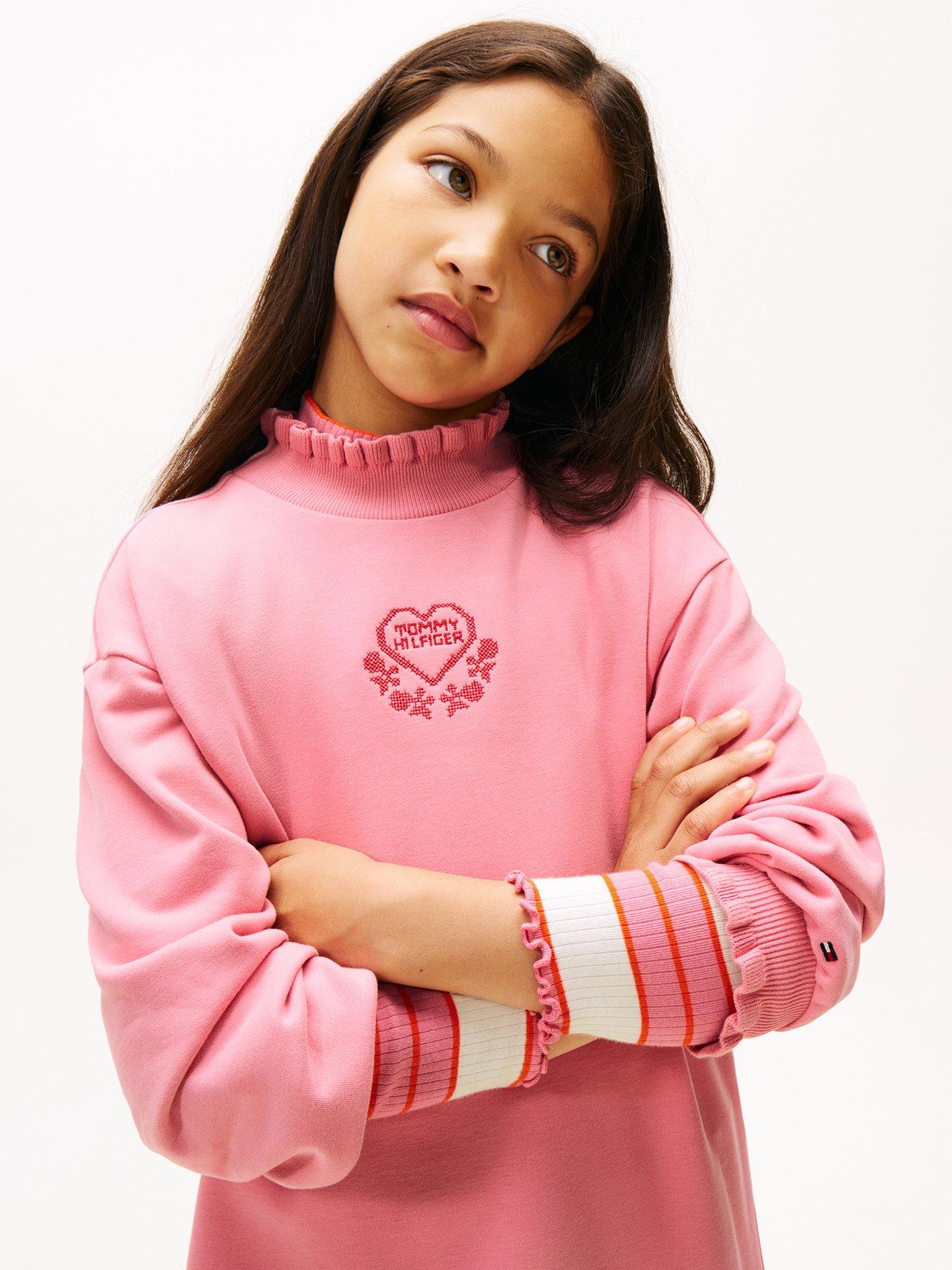 Image 4 of 5 of Tommy Hilfiger Girls Ruffle Neck Knit Long Sleeve Dress - Mystic Pink