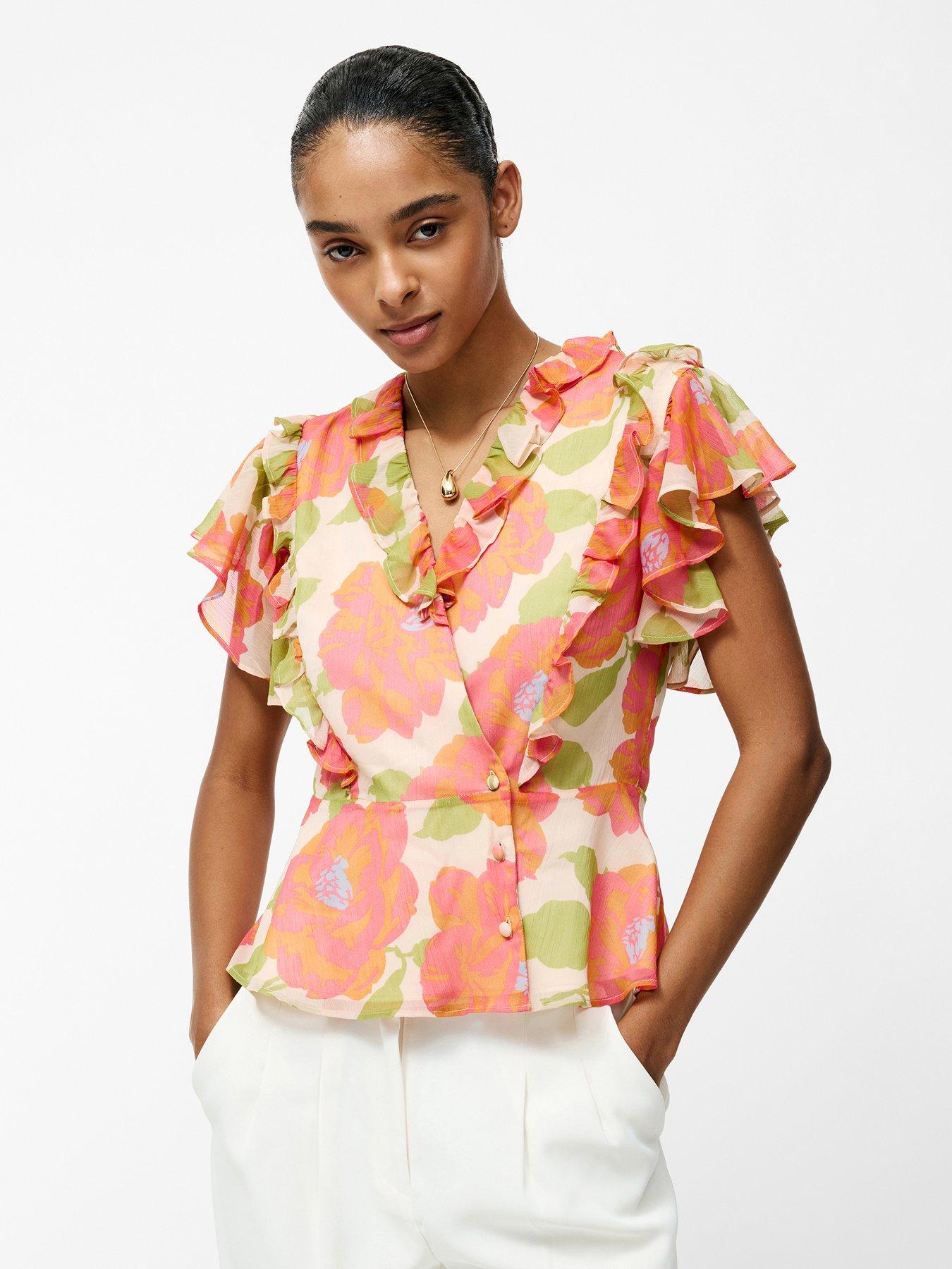 undefined Floral Print Ruffle Wrap Over Crinkle Blouse - Orange