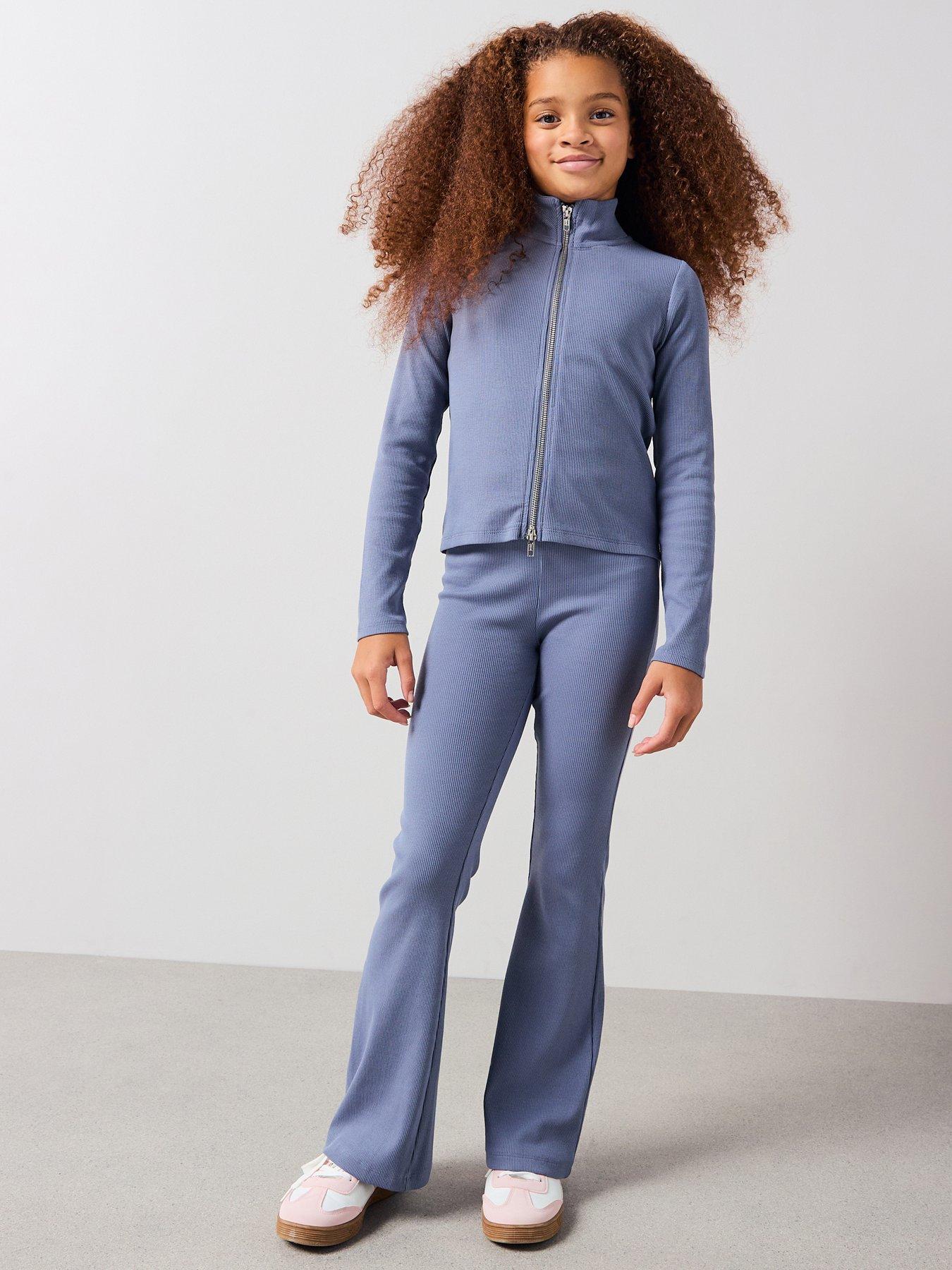 The Very Collection Girls Rib Zip Up Set With Flare Leggings - Grey