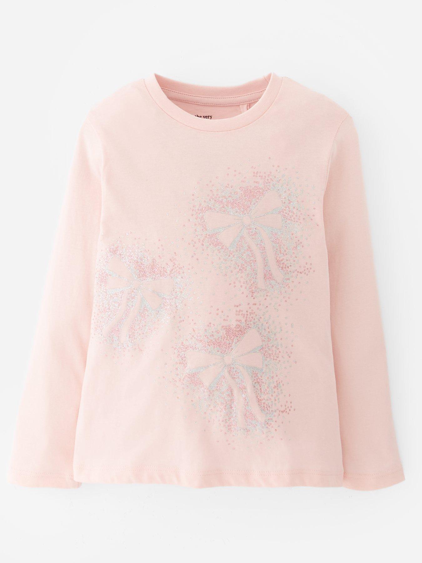  image of the-very-collection-girls-christmas-glitter-bow-long-sleeve-t-shirt-pink