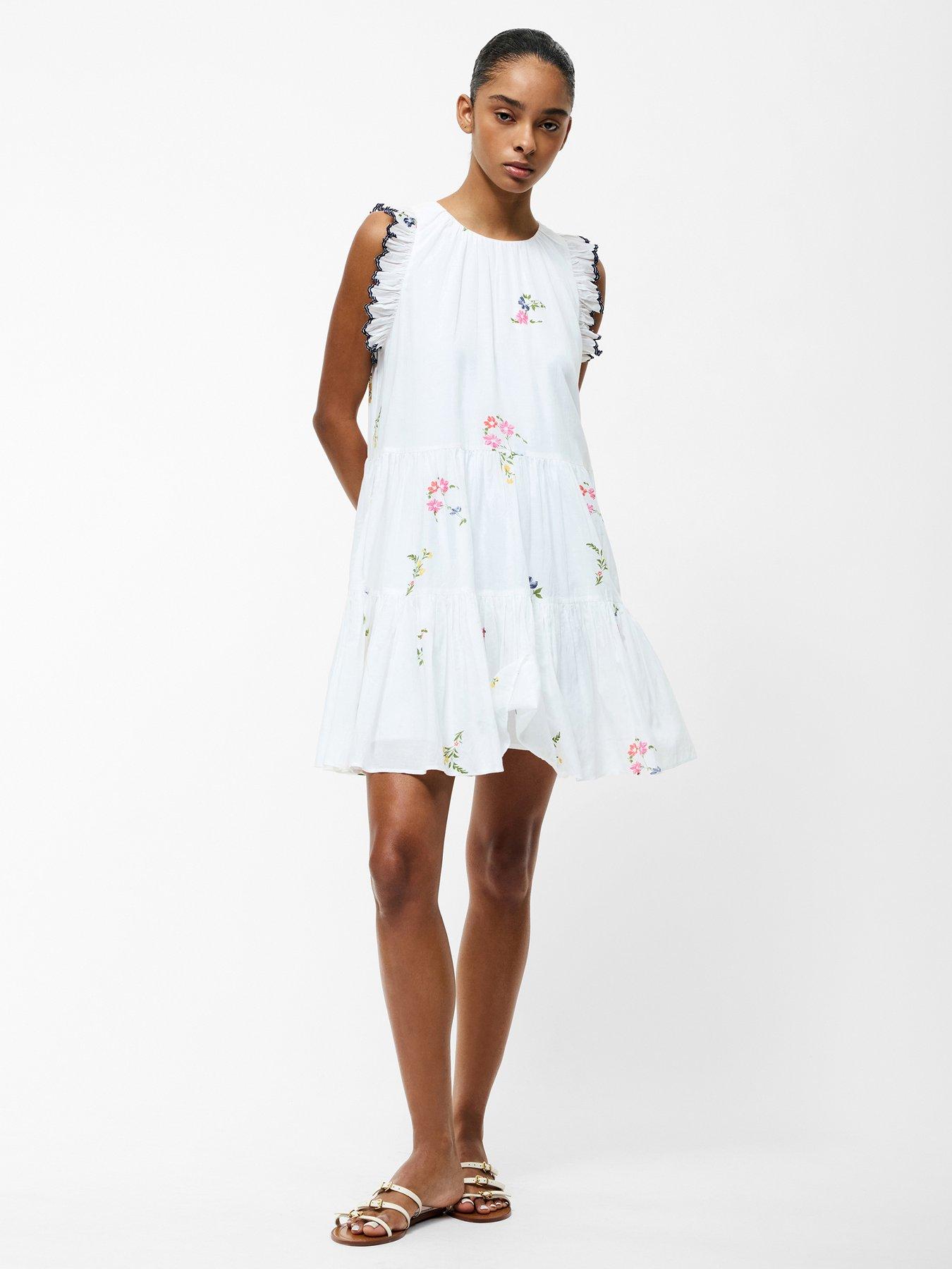 undefined Tiered Floral Print Ruffle Mini Dress - White