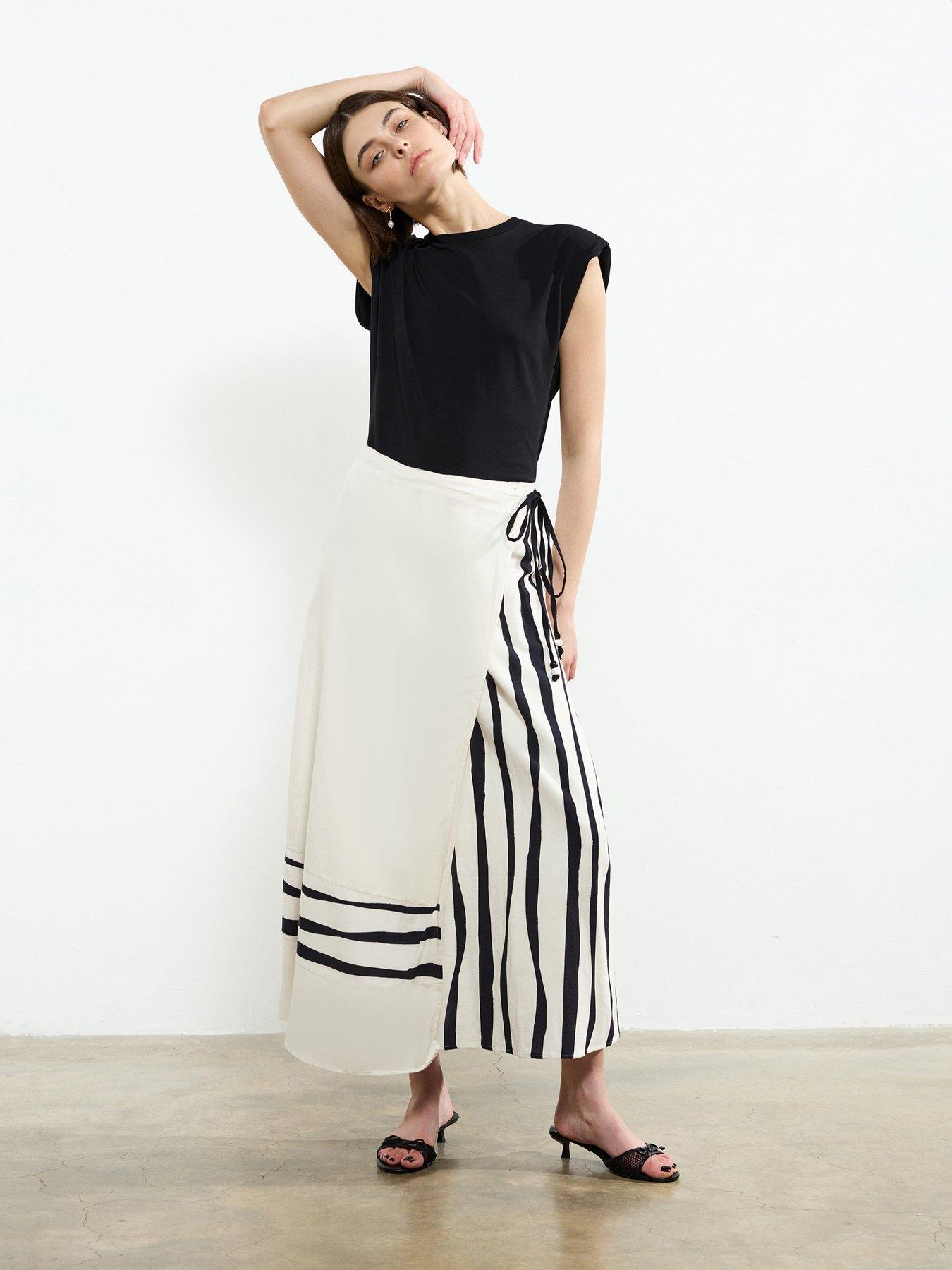 undefined Cotton Blend Maxi Striped Wrap Tie Waist Floaty Skirt - Multi