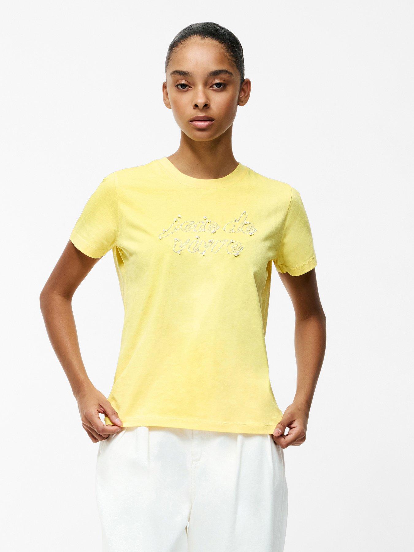 undefined Cotton Short Sleeve Pearl Embellished T-Shirt - Yellow