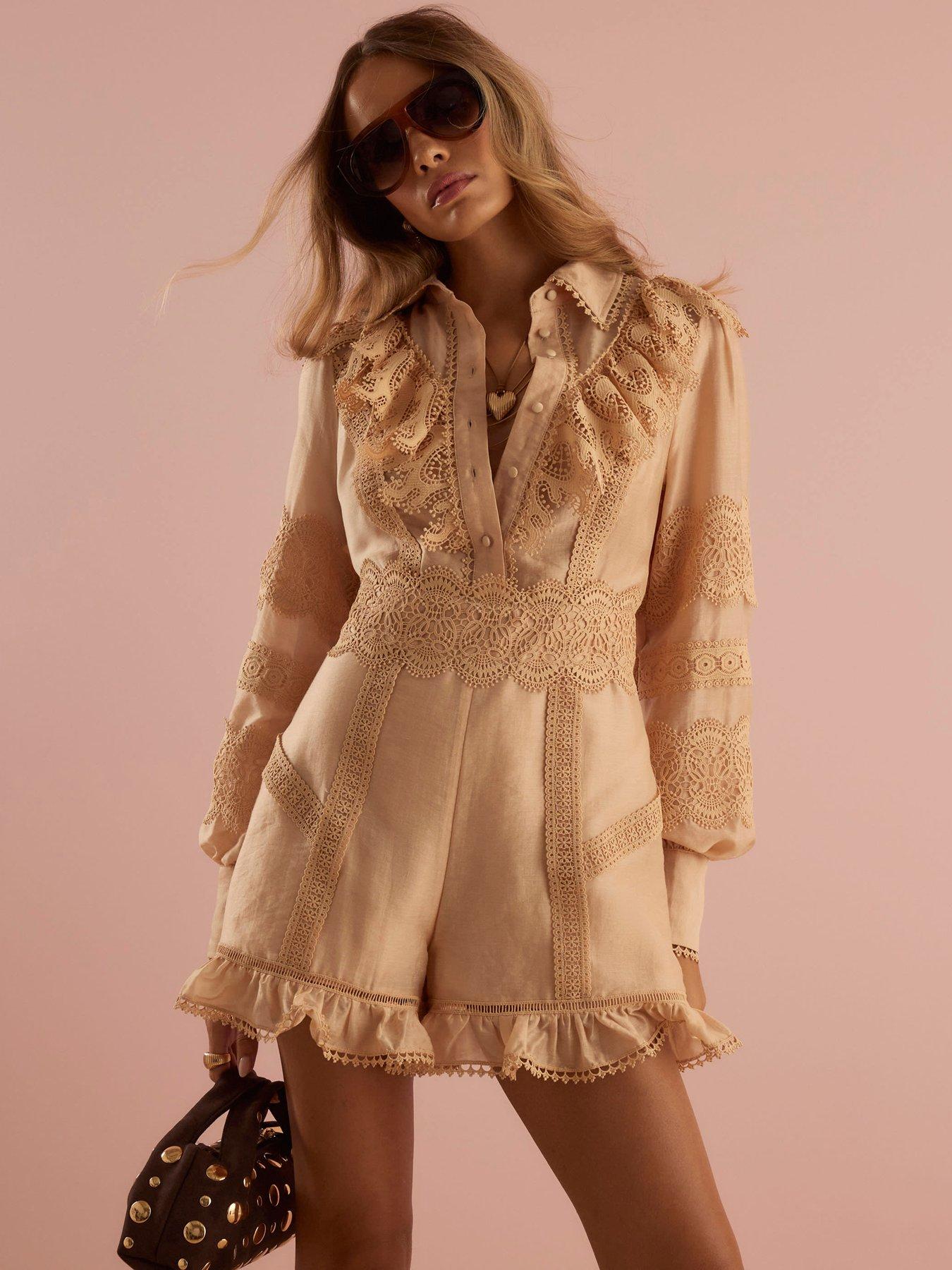 undefined Long Sleeve Ruffle Front Playsuit - Beige