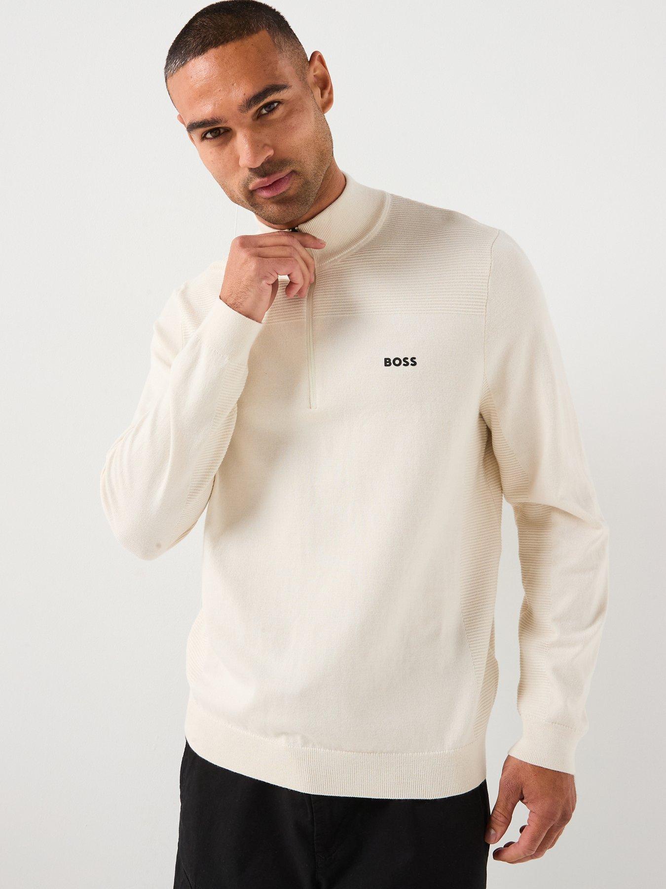 BOSS Momentum-X Merino Quarter Zip Knitted Jumper - Light Beige