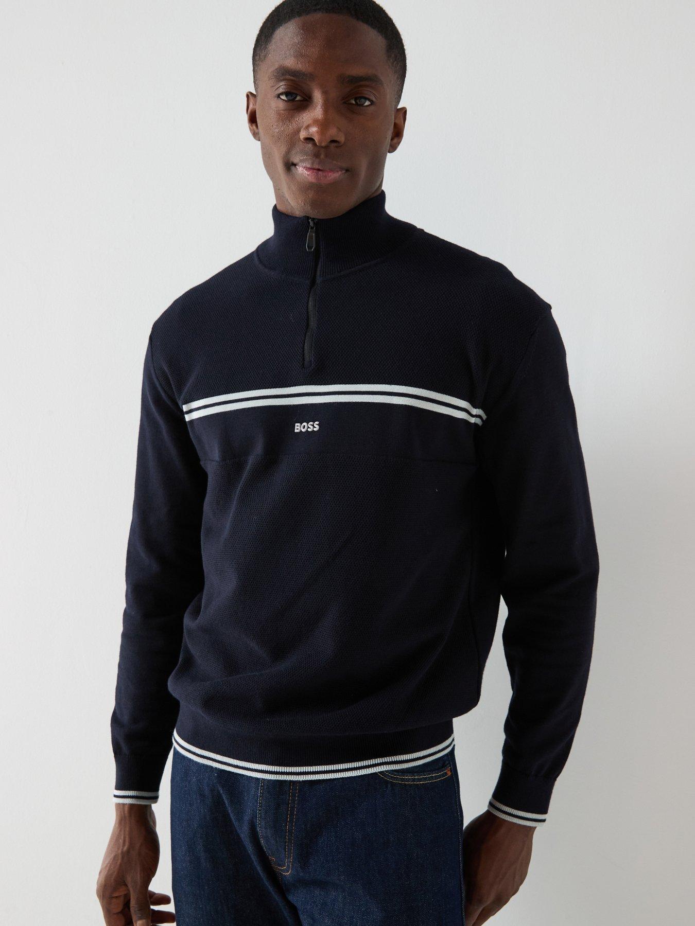 BOSS K_Zone Regular Fit Quarter Zip Stripe Knitted Jumper - Navy