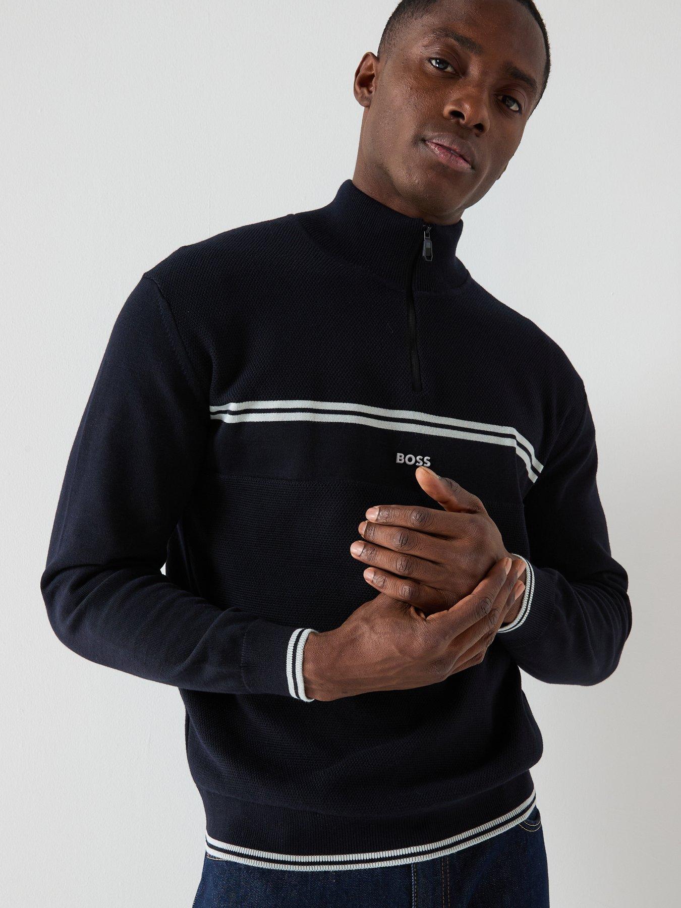  image of boss-k_zone-regular-fit-quarter-zip-stripe-knitted-jumper-navy