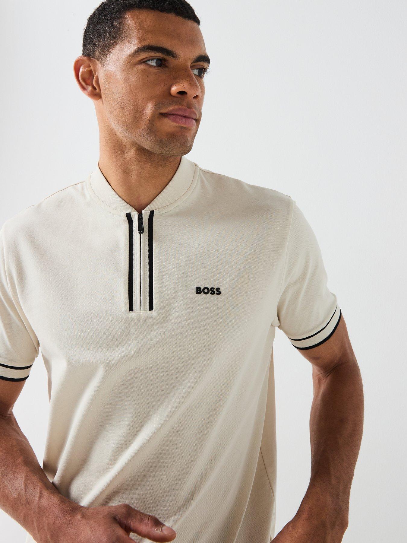 Image 5 of 5 of BOSS Pariq Regular Fit Baseball Collar Zip Polo Shirt - Light Beige