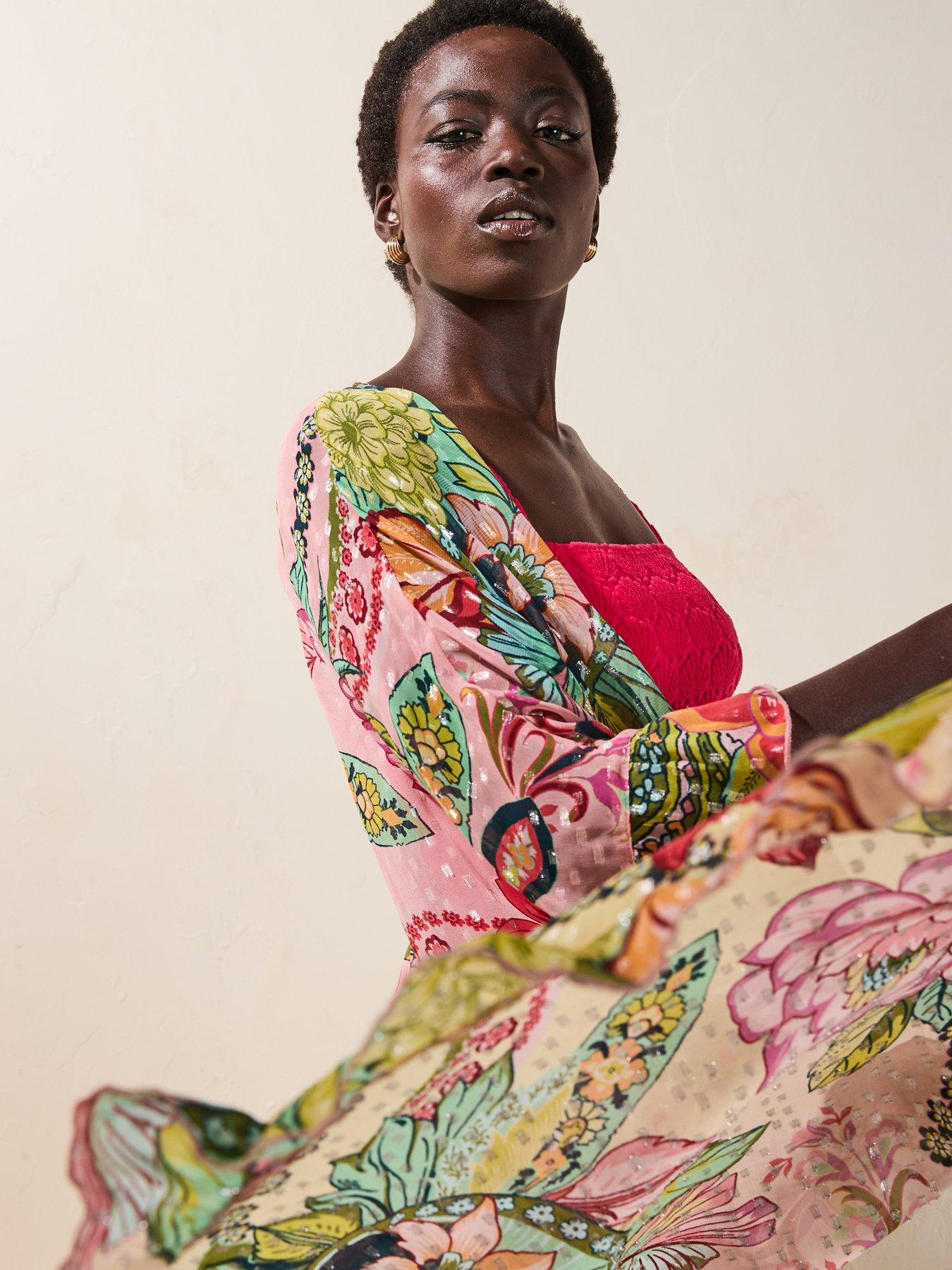  image of river-island-del-maar-floral-chiffon-kaftan-pink