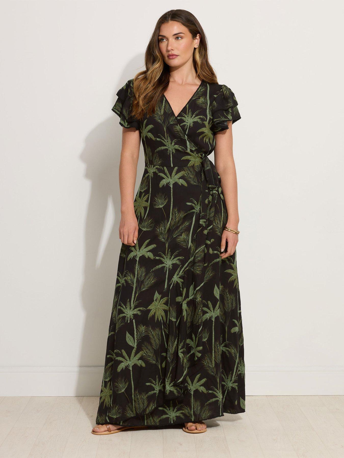 undefined Tropical Frill Sleeve Maxi Dress - Black