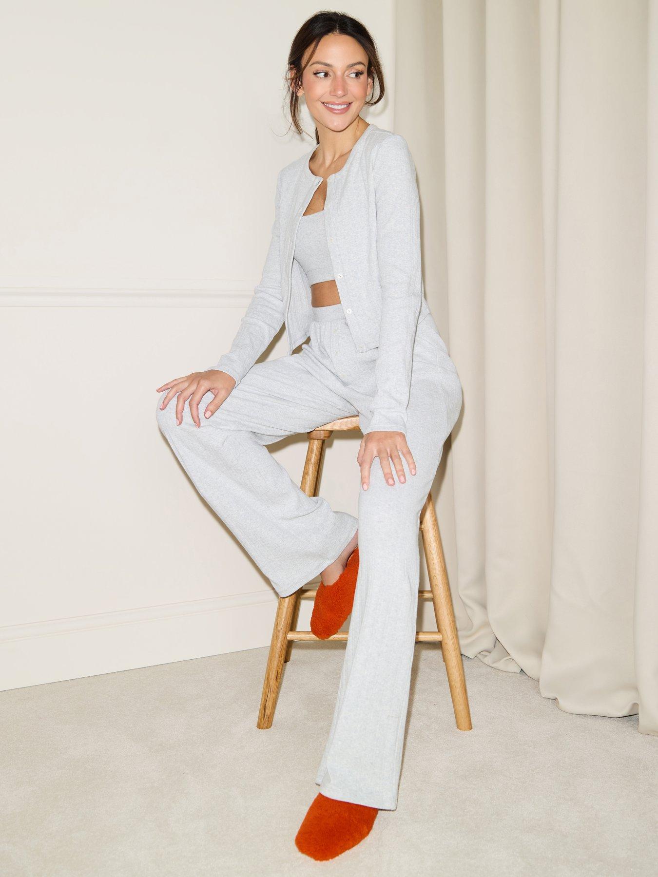 Michelle Keegan Co-Ord Pointelle Wide Leg Trousers - Grey