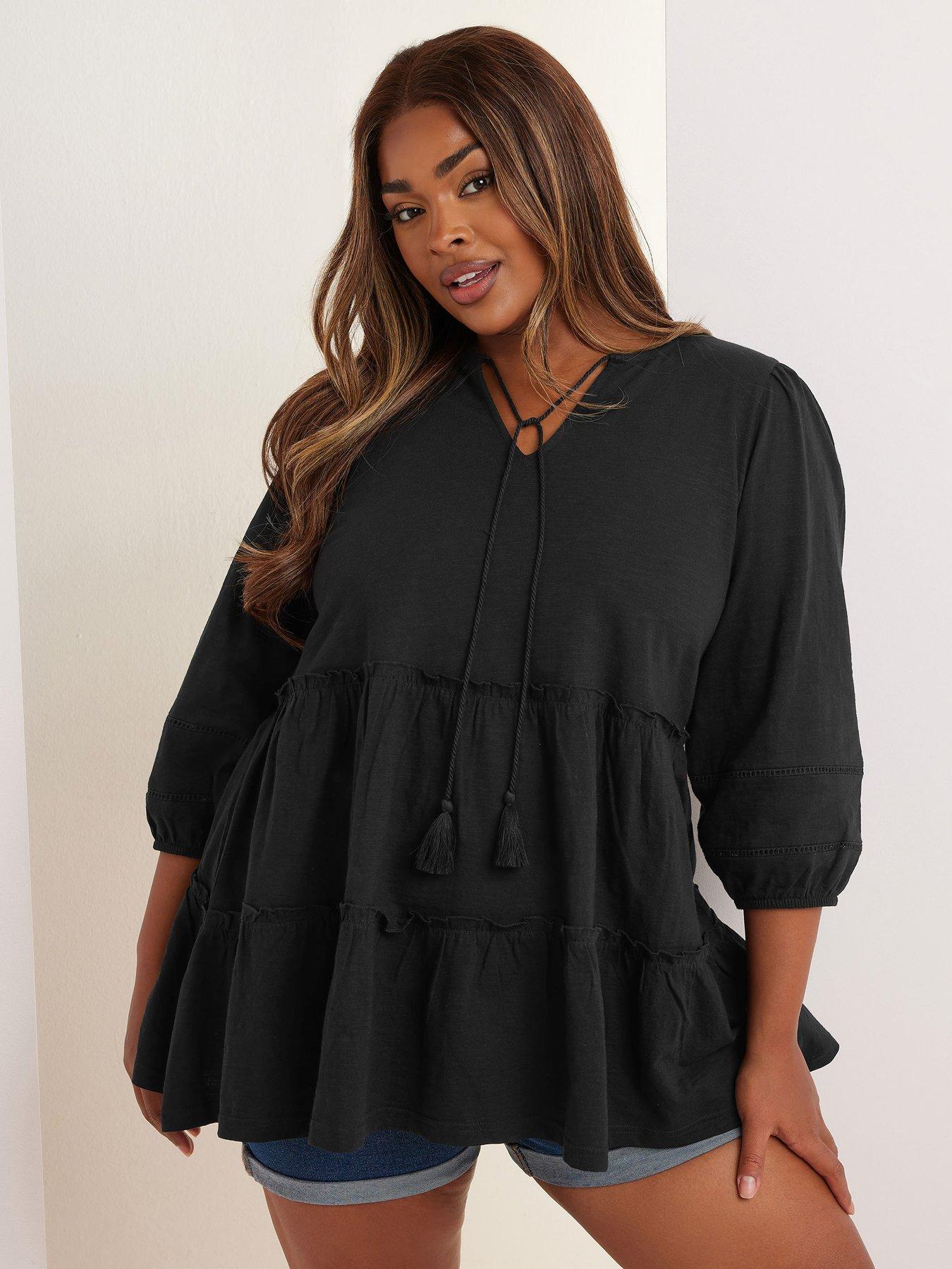 front image of yours-curve-slub-tiered-boho-top-black