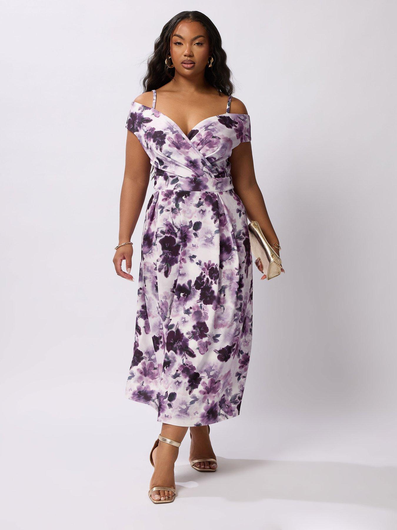 undefined Curve Floral Bardot Midaxi Dress - Purple