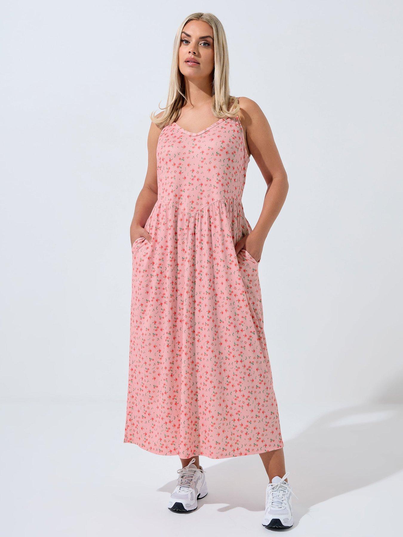 Image 1 of 5 of Yours Curve Ditsy V Neck Midi Dress - Pink