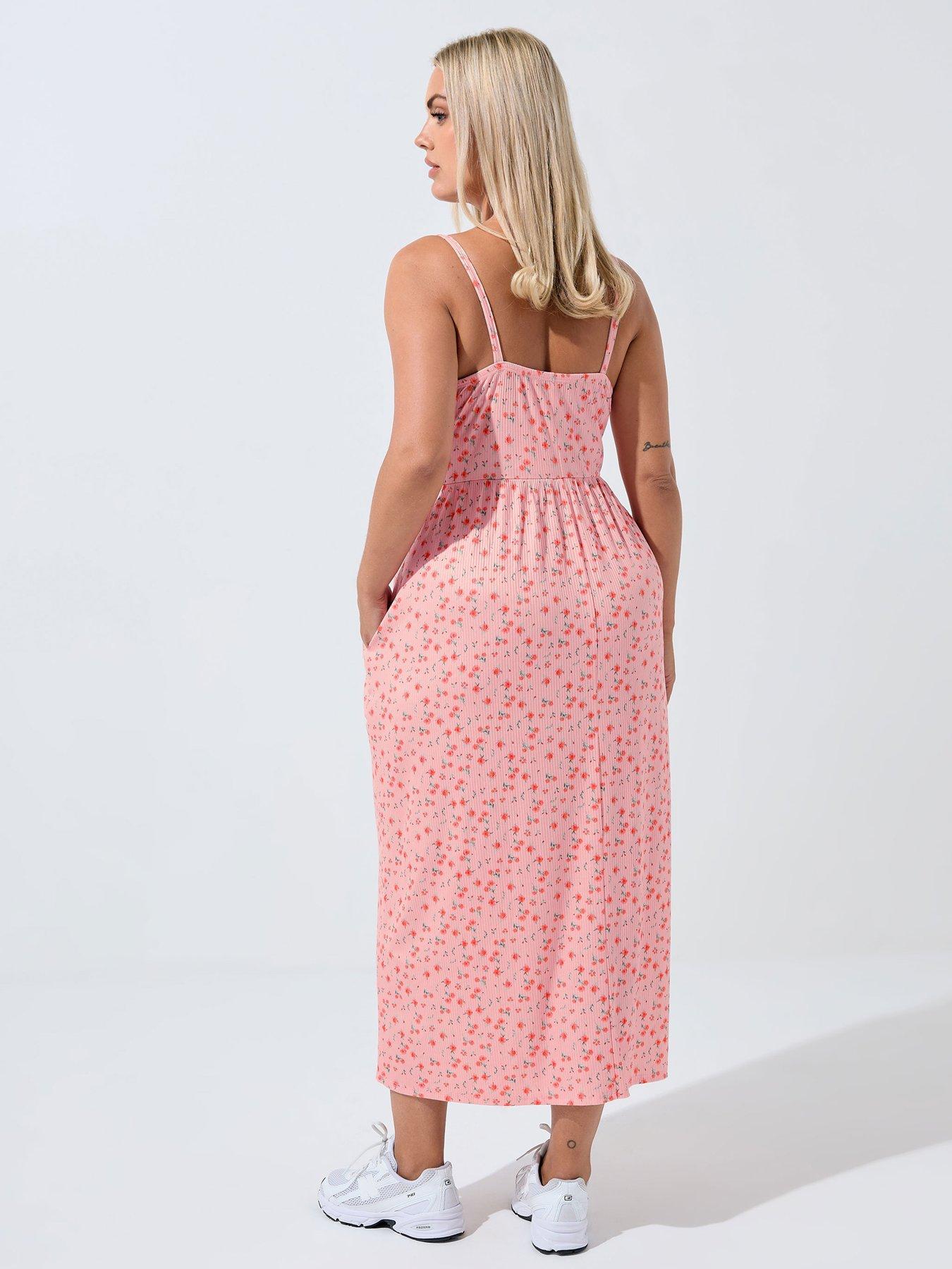 Image 2 of 5 of Yours Curve Ditsy V Neck Midi Dress - Pink