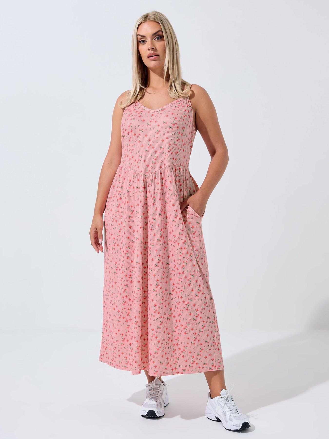 Image 3 of 5 of Yours Curve Ditsy V Neck Midi Dress - Pink