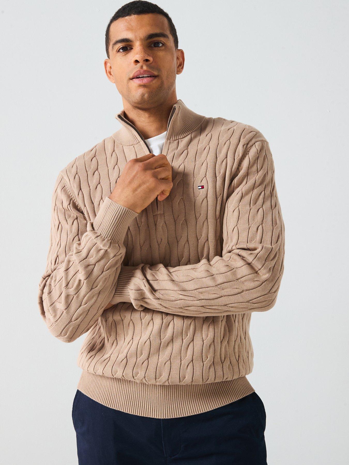 Tommy Hilfiger Classic Cotton Cable 1/4 Zip Mock Knitted Jumper - Light Brown