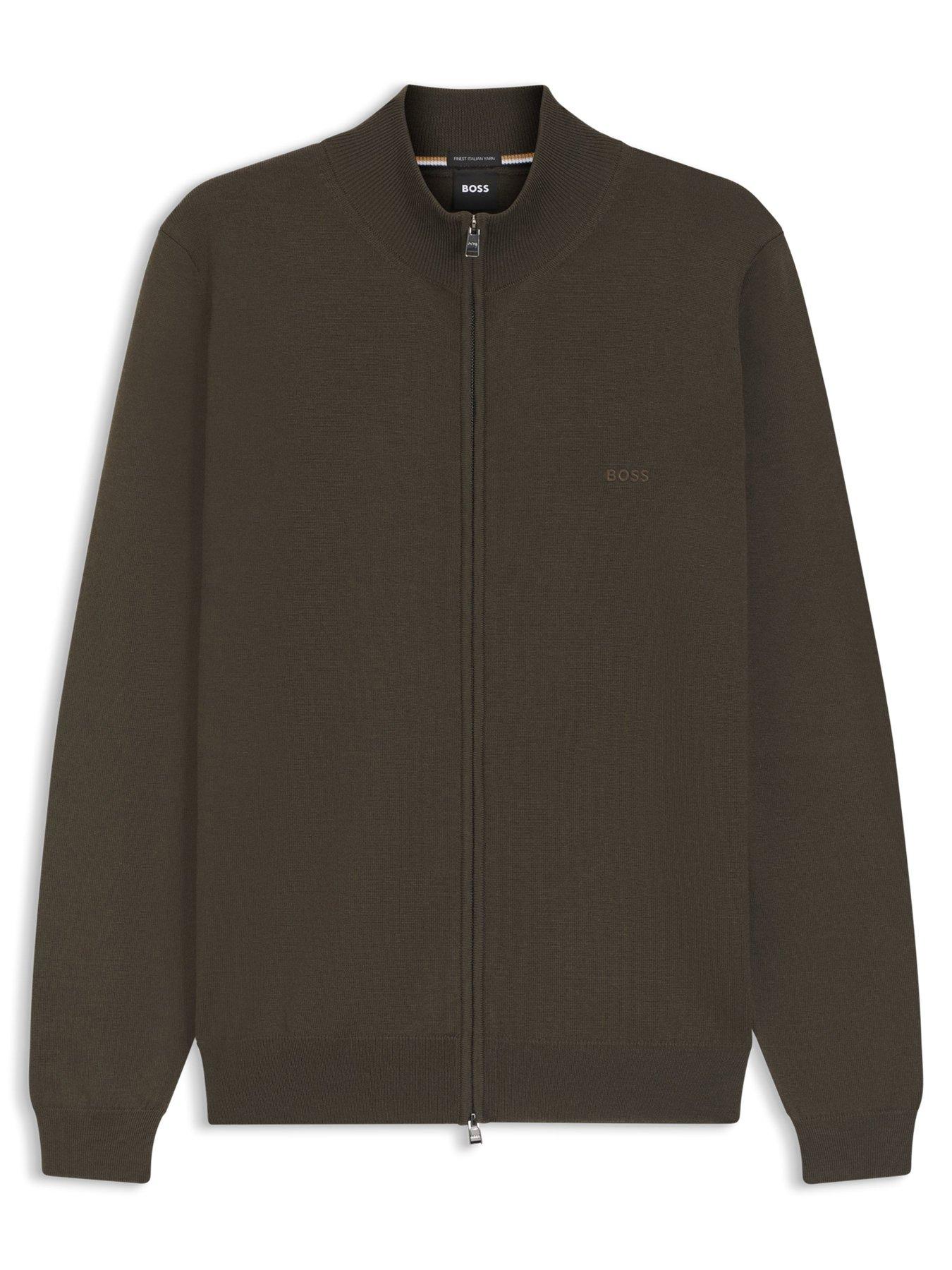 BOSS Balonso-L Regular Fit Wool Full Zip Knitted Jumper Jacket - Khaki