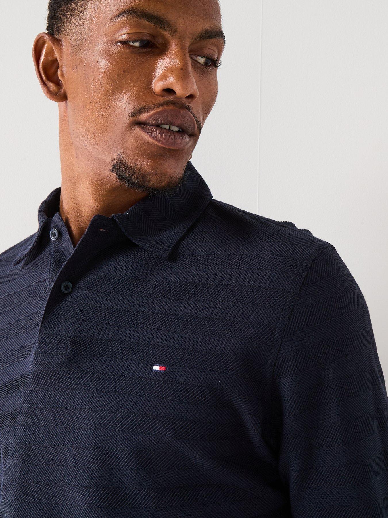 Image 4 of 4 of Tommy Hilfiger Long Sleeve Herringbone Polo Shirt - Navy