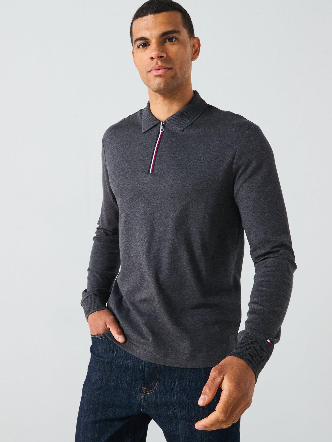Image 1 of 6 of Tommy Hilfiger Long Sleeve Zip Interlock Polo Shirt - Dark Grey