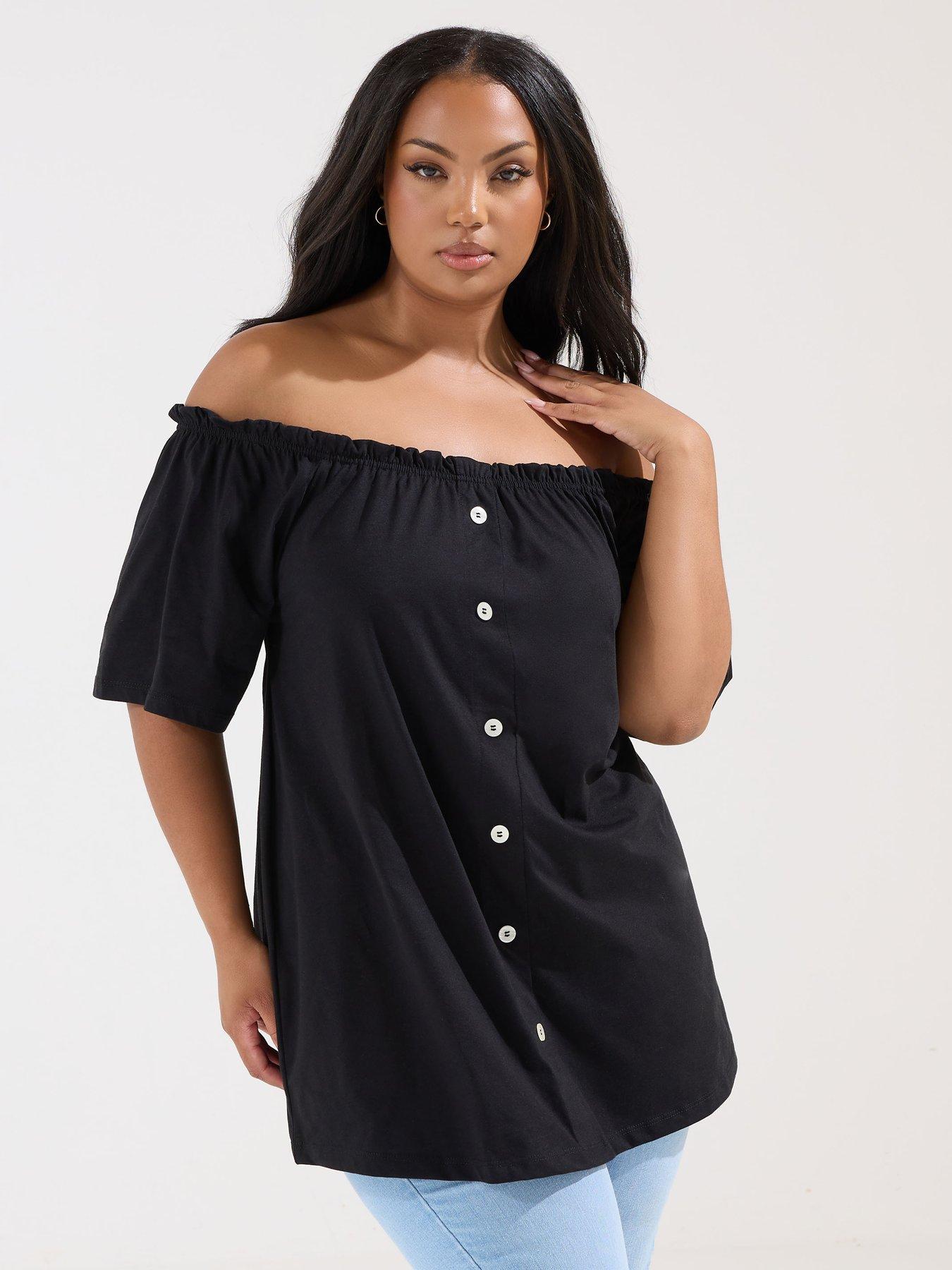 undefined Curve Frill Bardot Button Front Top - Black