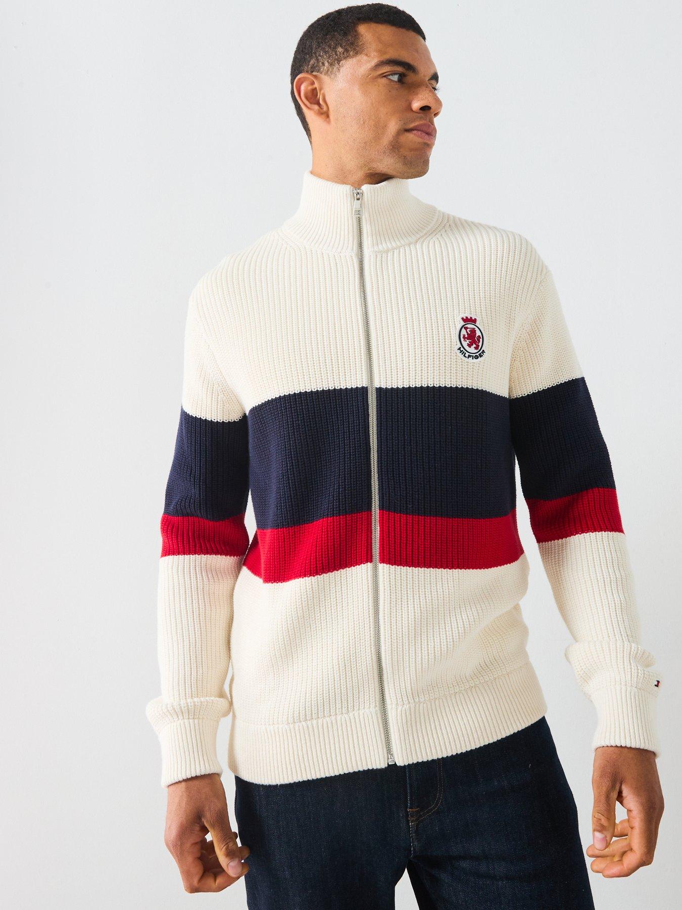 undefined Chest Stripe Full Zip Knitted Jumper - Off White