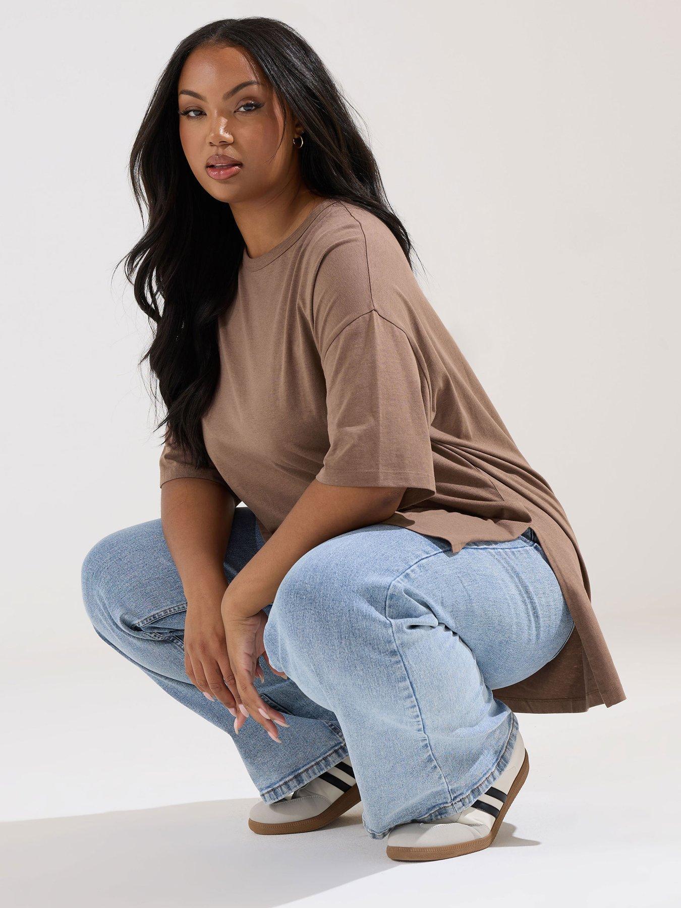 undefined Curve Oversized Side Split T-Shirt - Brown