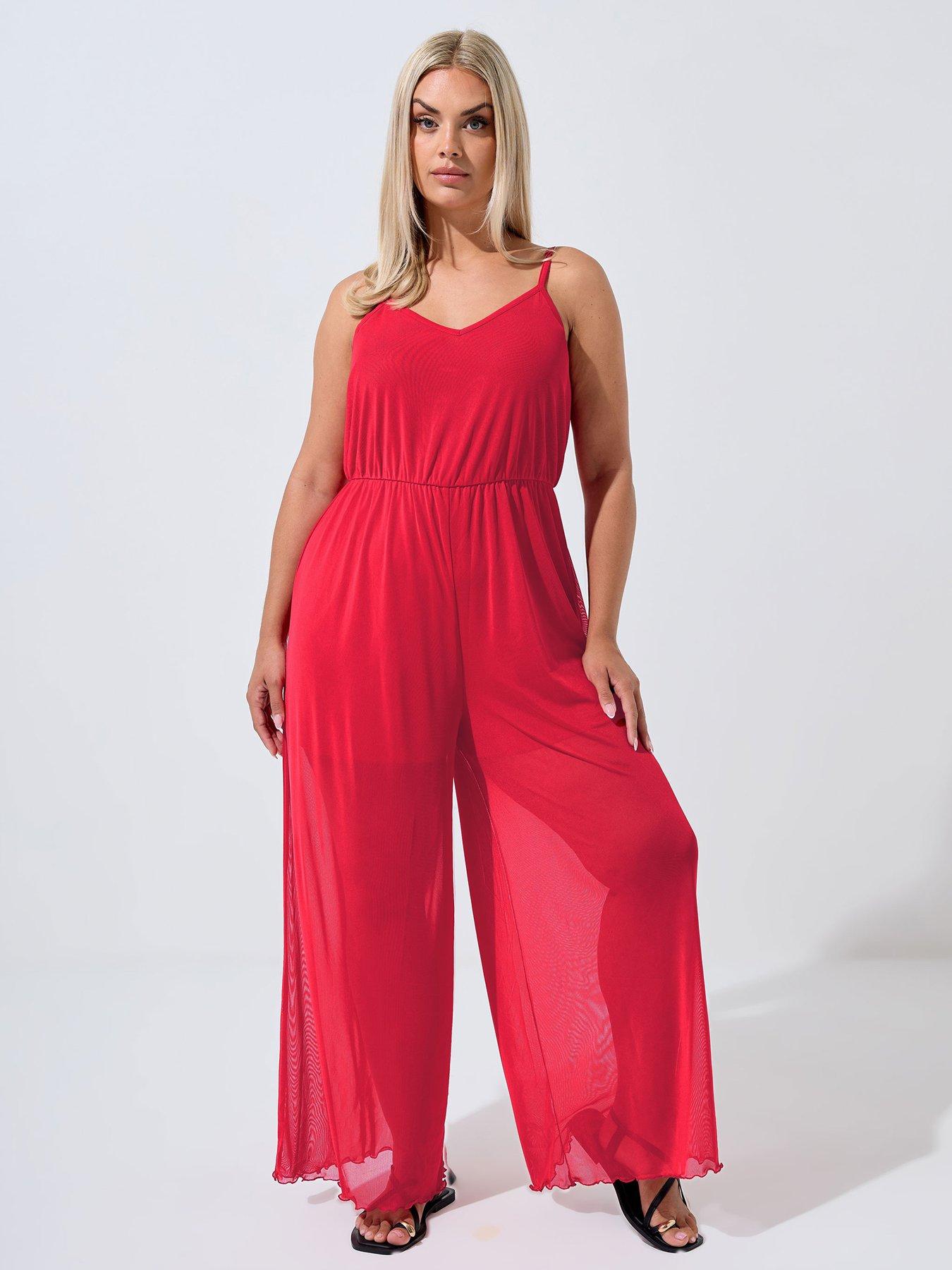 undefined Curve Mesh Jumpsuit - Red