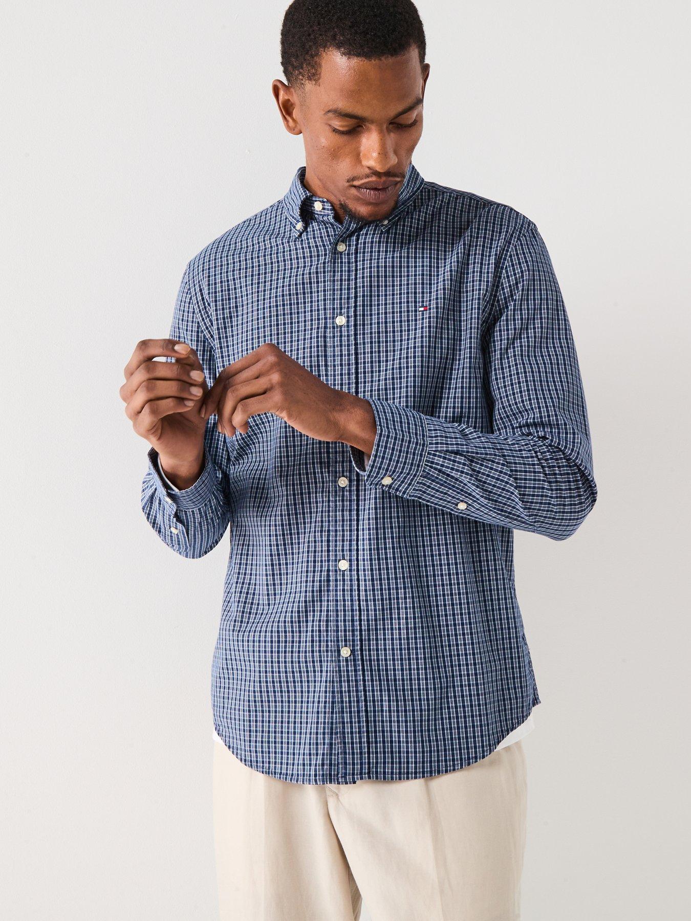  image of tommy-hilfiger-flex-poplin-mini-tartan-long-sleeve-regular-fit-shirt-navy