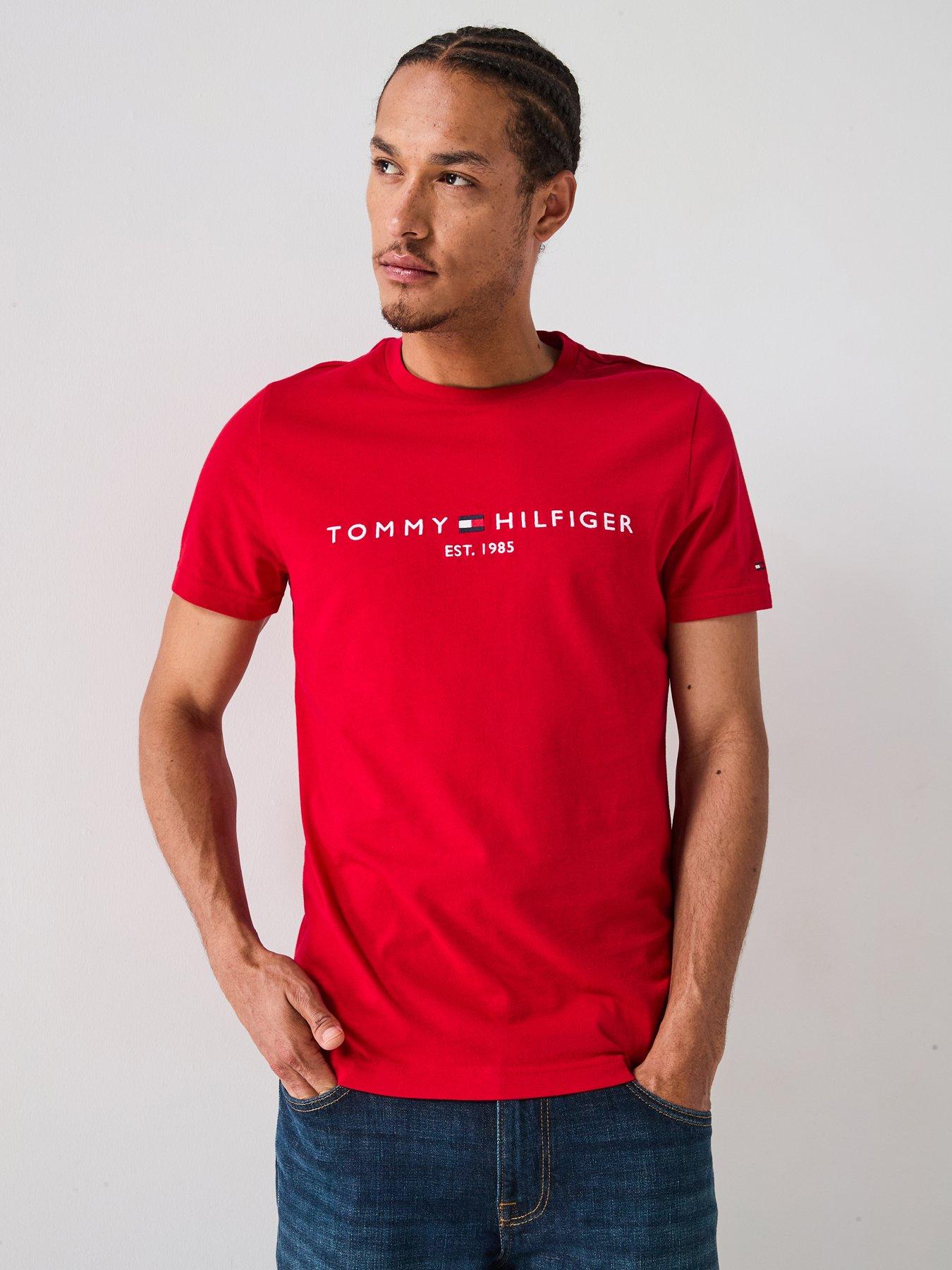 Image 1 of 4 of Tommy Hilfiger Regular Fit Linear Chest Logo T-Shirt - Red