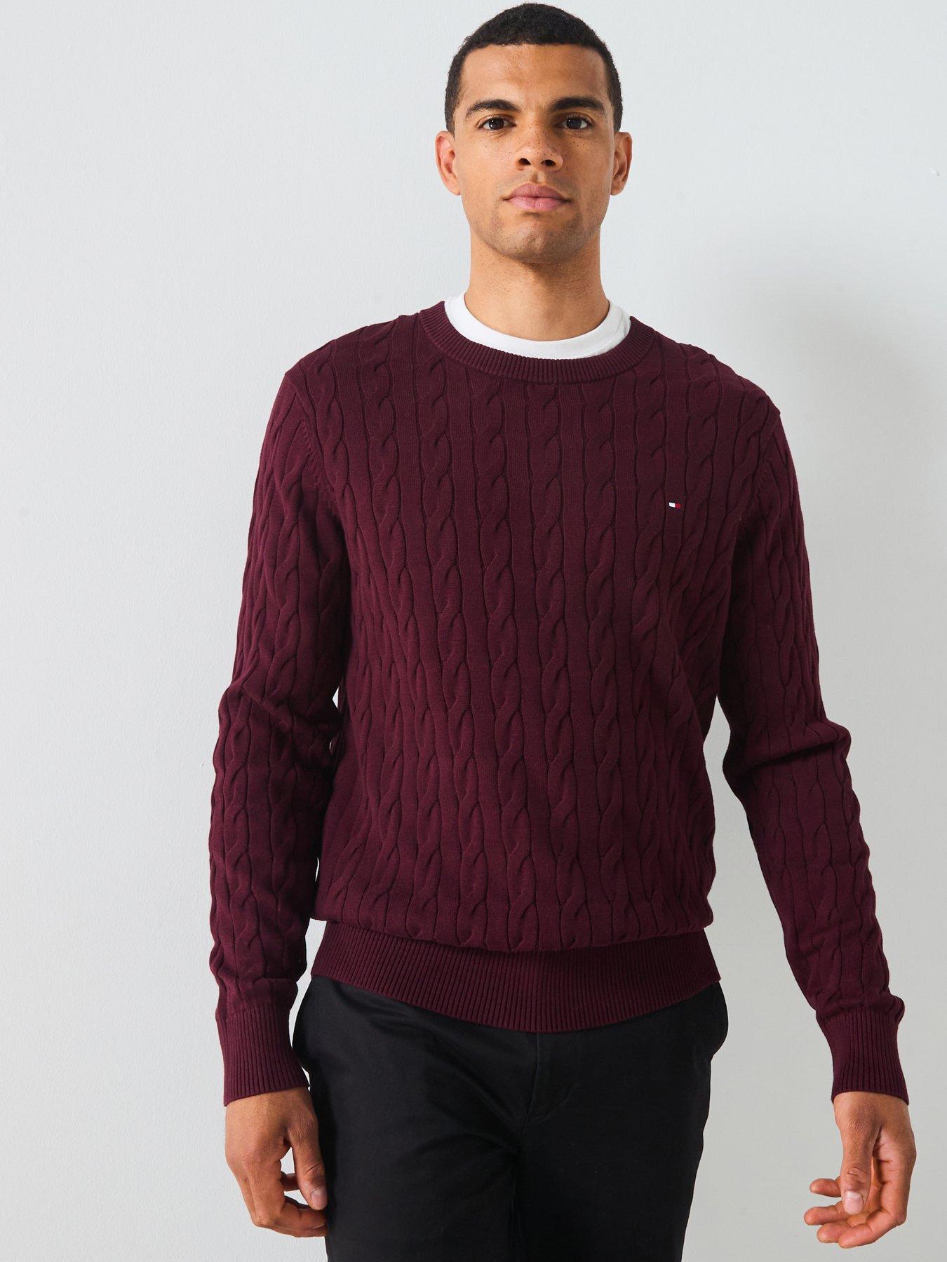 undefined Classic Cotton Cable Crew Neck Knitted Jumper - Dark Red
