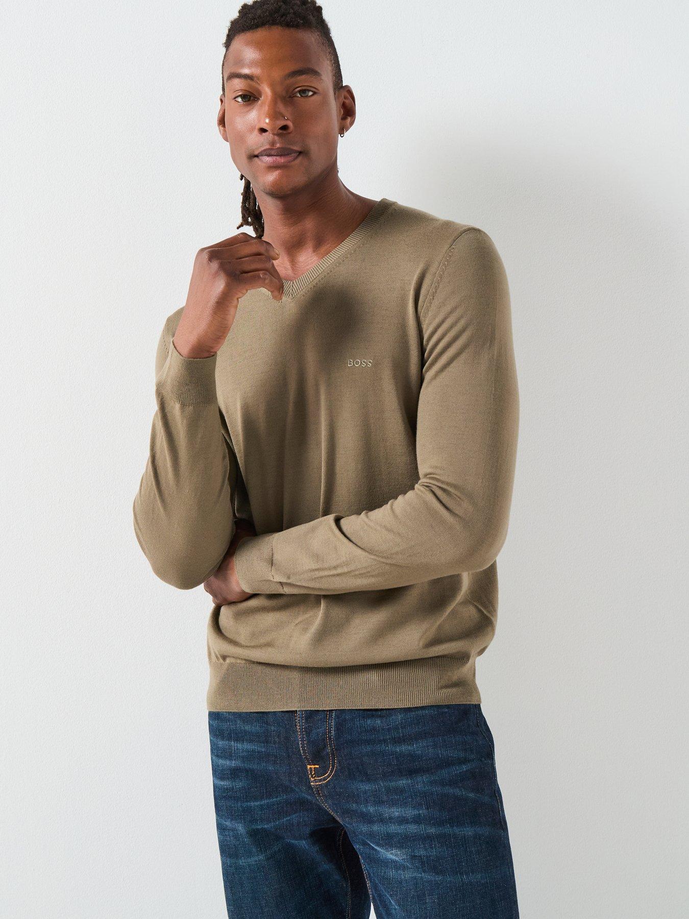 front image of boss-baram-l-regular-fit-v-neck-wool-knitted-jumper-brown